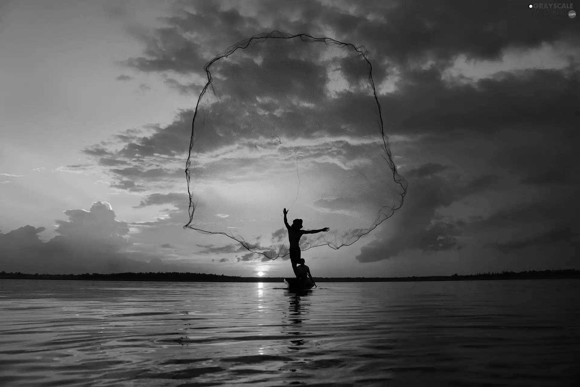 sea, west, clouds, Fishermen, Sky, Sun