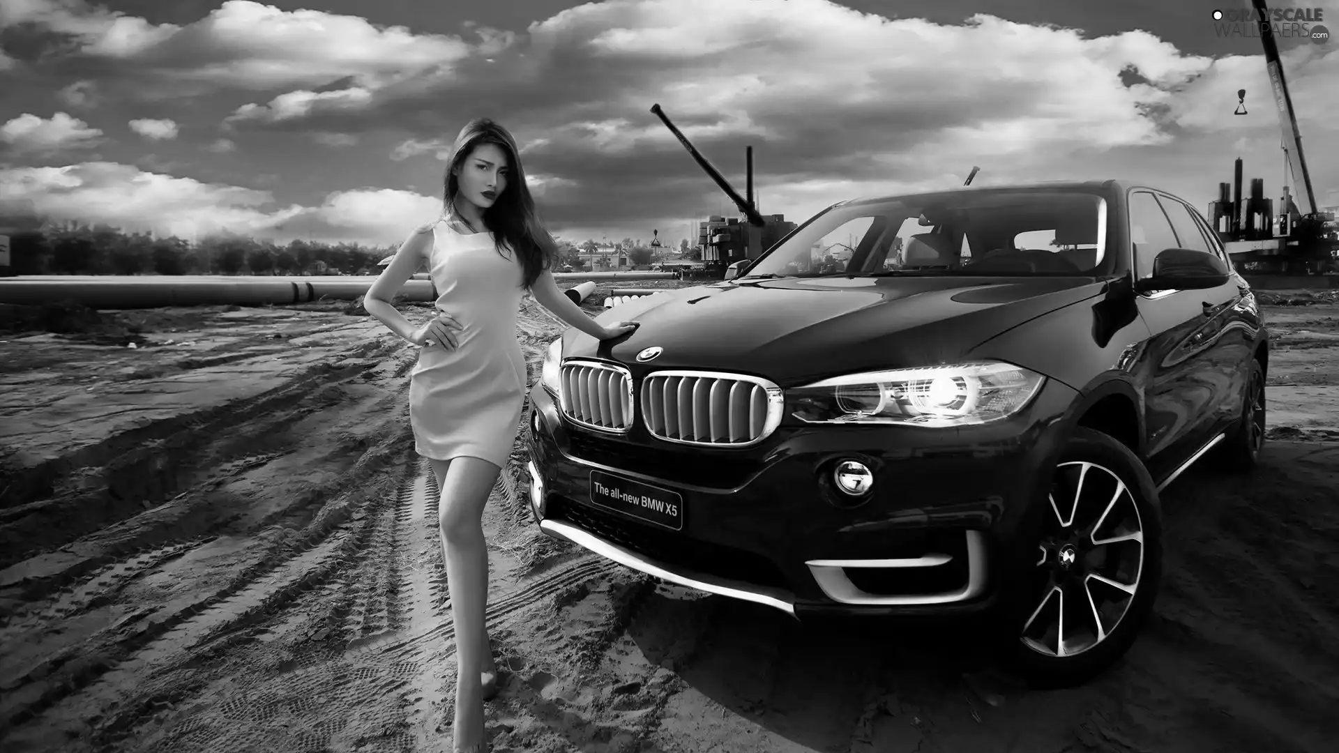 clouds, framework, X5, girl, BMW