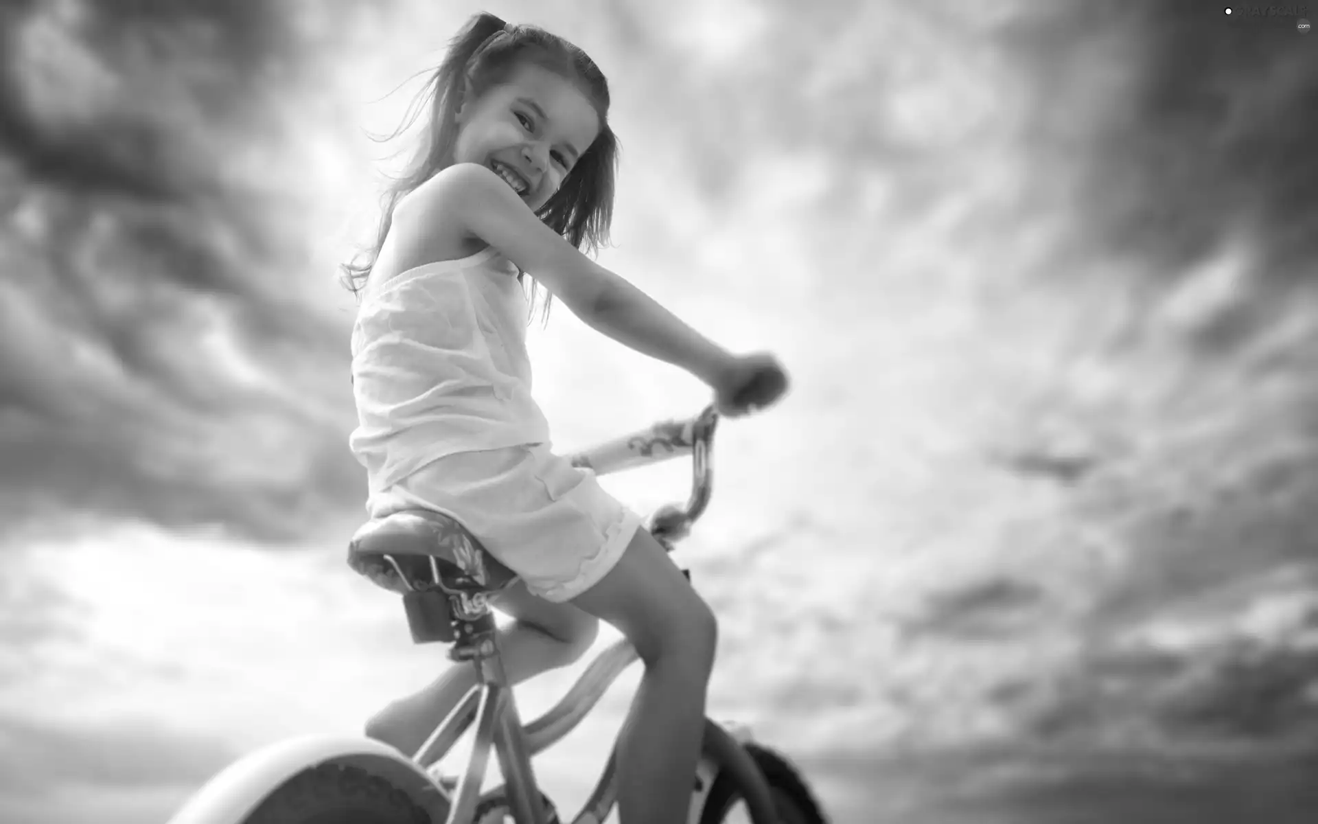girl, Sky, clouds, Bike