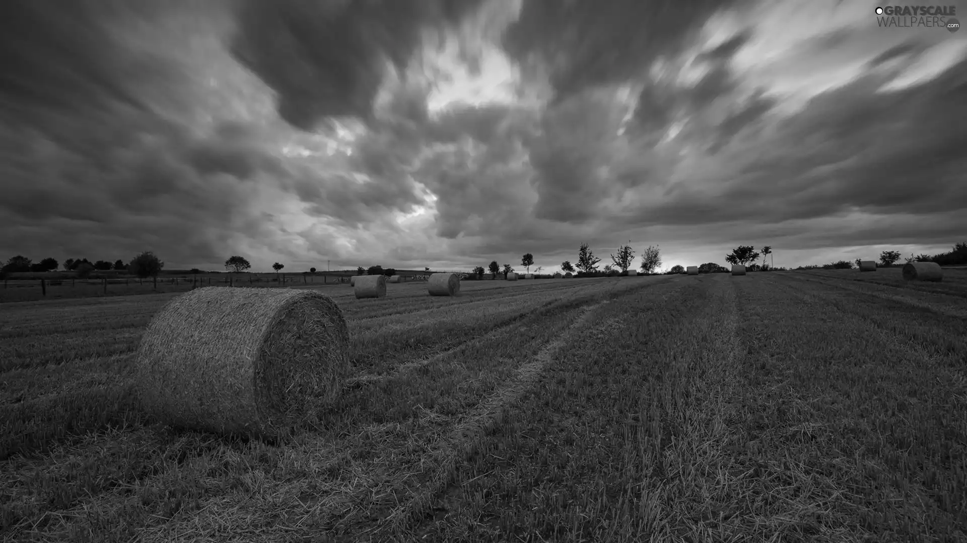 trees, straw, Great Sunsets, Bele, Field, viewes, clouds