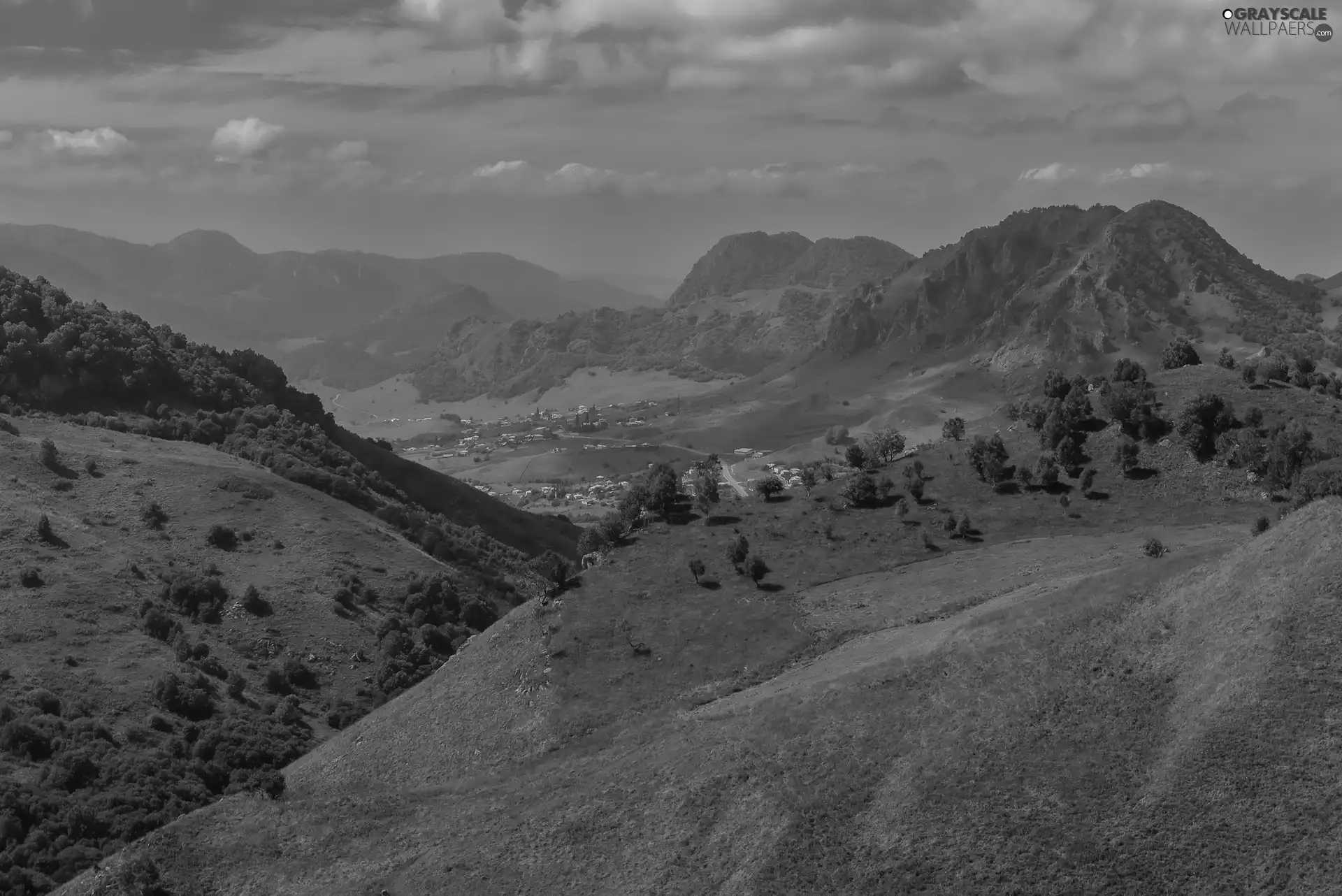 Valley, The Hills, viewes, Mountains, forested, trees, clouds