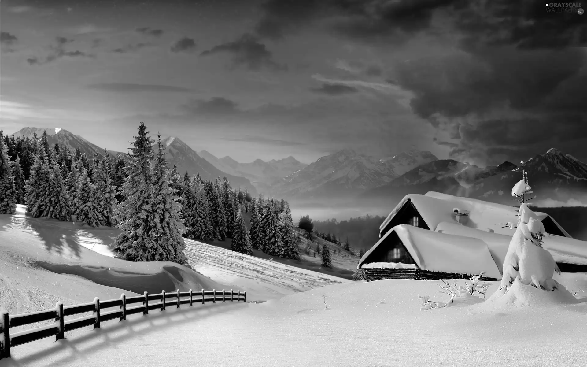 Home, forest, clouds, snow