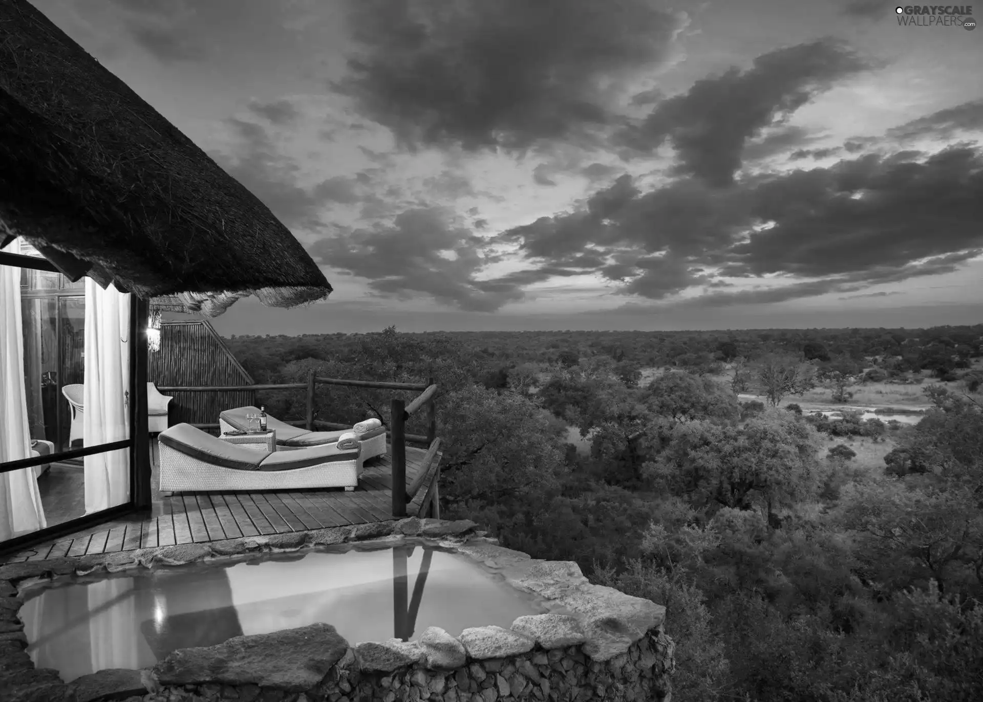 house, woods, clouds, Pool