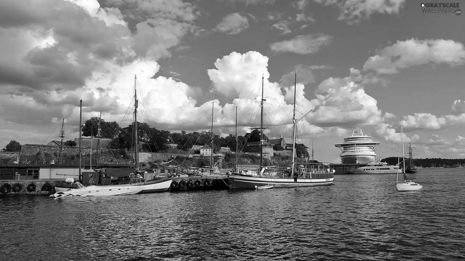 Oslo, Norway, clouds, Harbour, Sailboats, Ship, Coast, Houses, sea