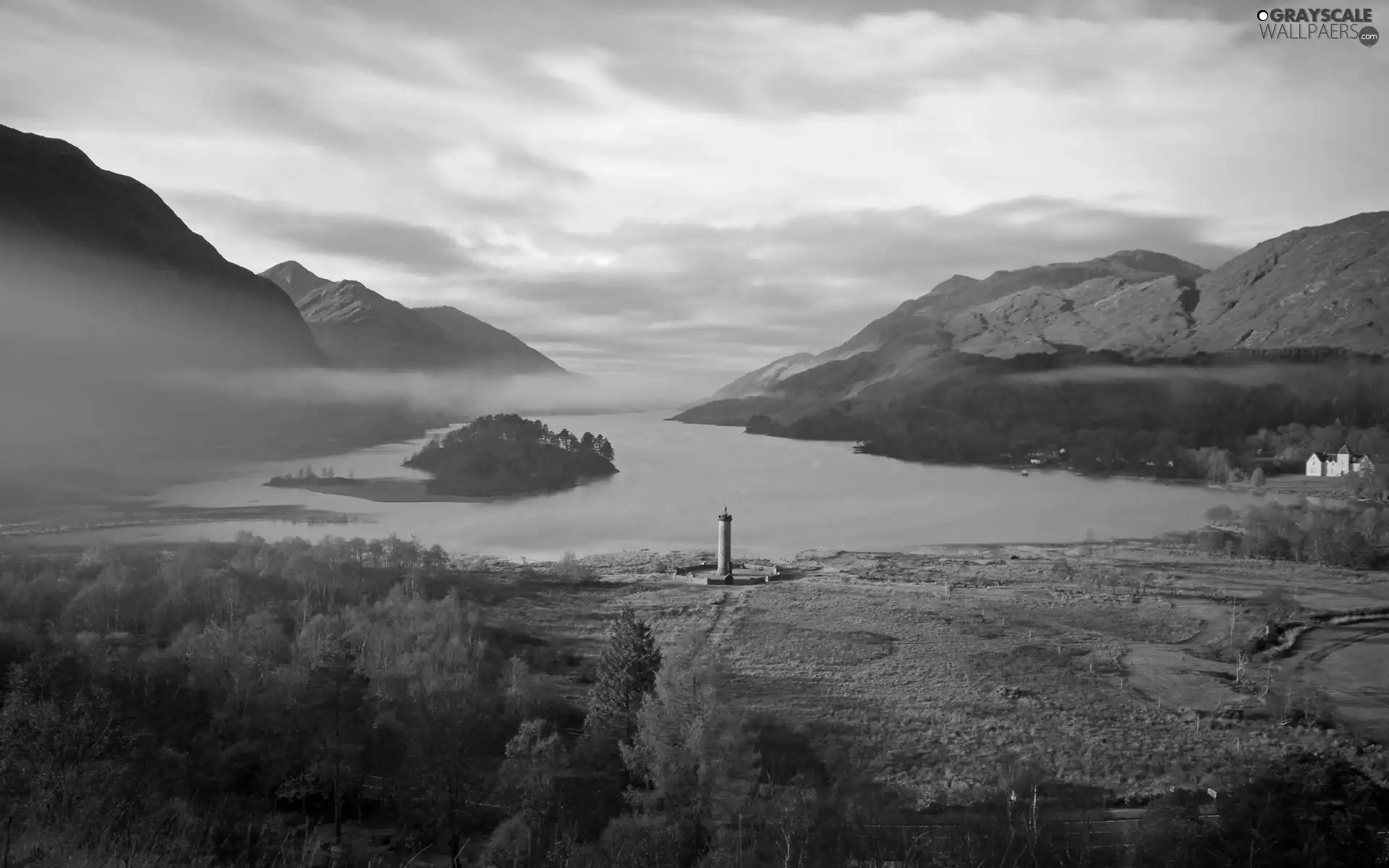 lake, Fog, clouds, Mountains