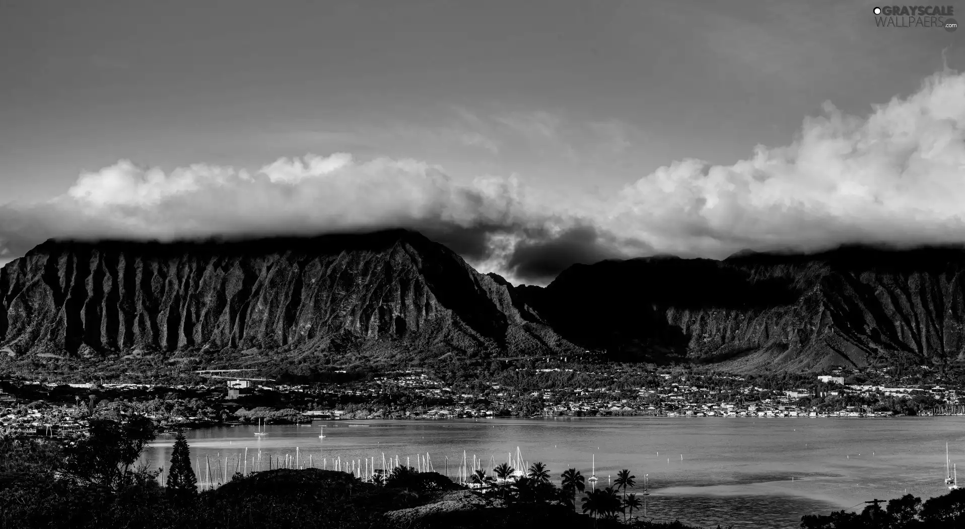 clouds, Mountains, lake