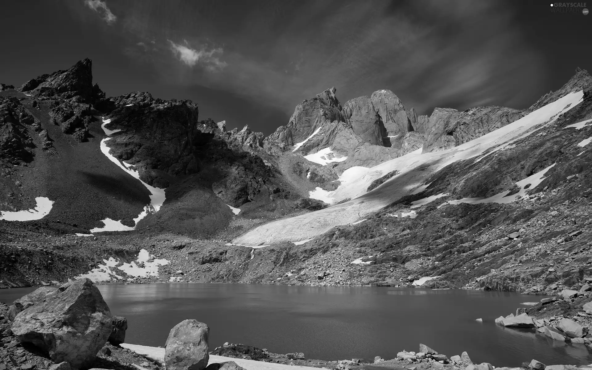 Sky, clouds, lake, snow, Mountains