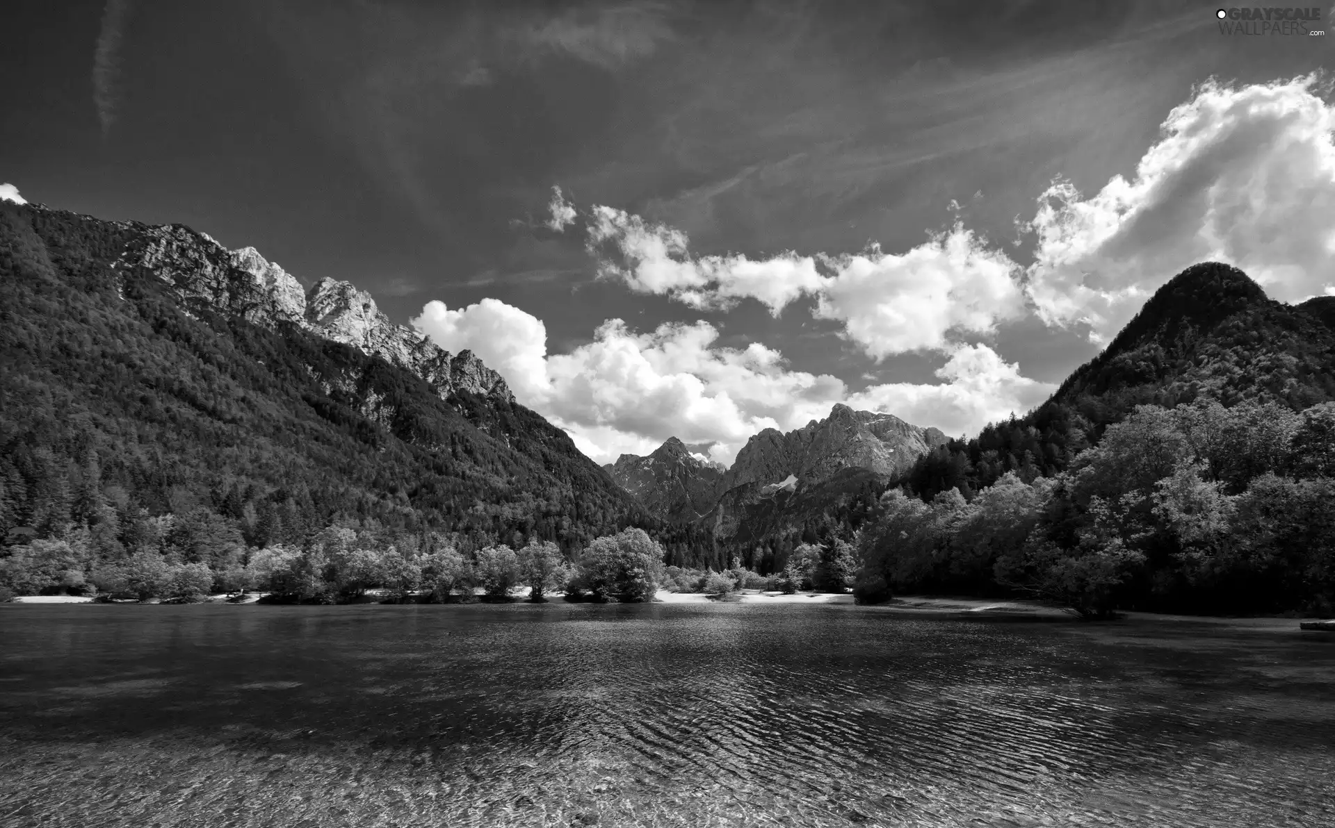 lake, Mountains, clouds, woods