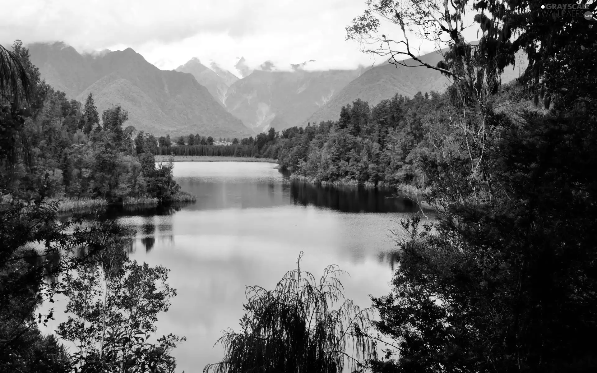 lake, Mountains, clouds, woods