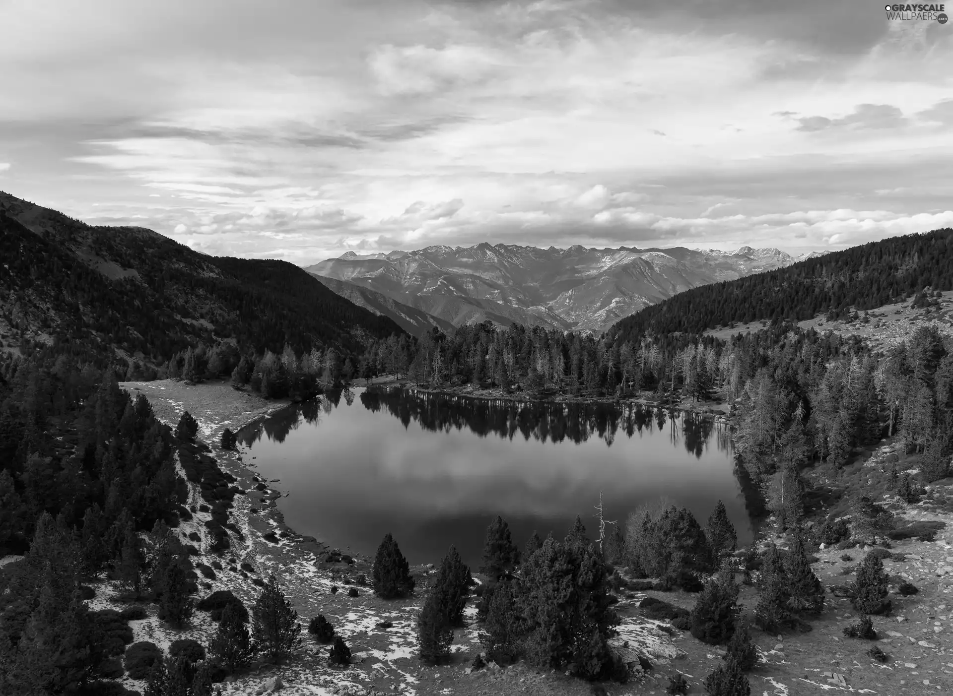 trees, Mountains, Sky, clouds, viewes, lake