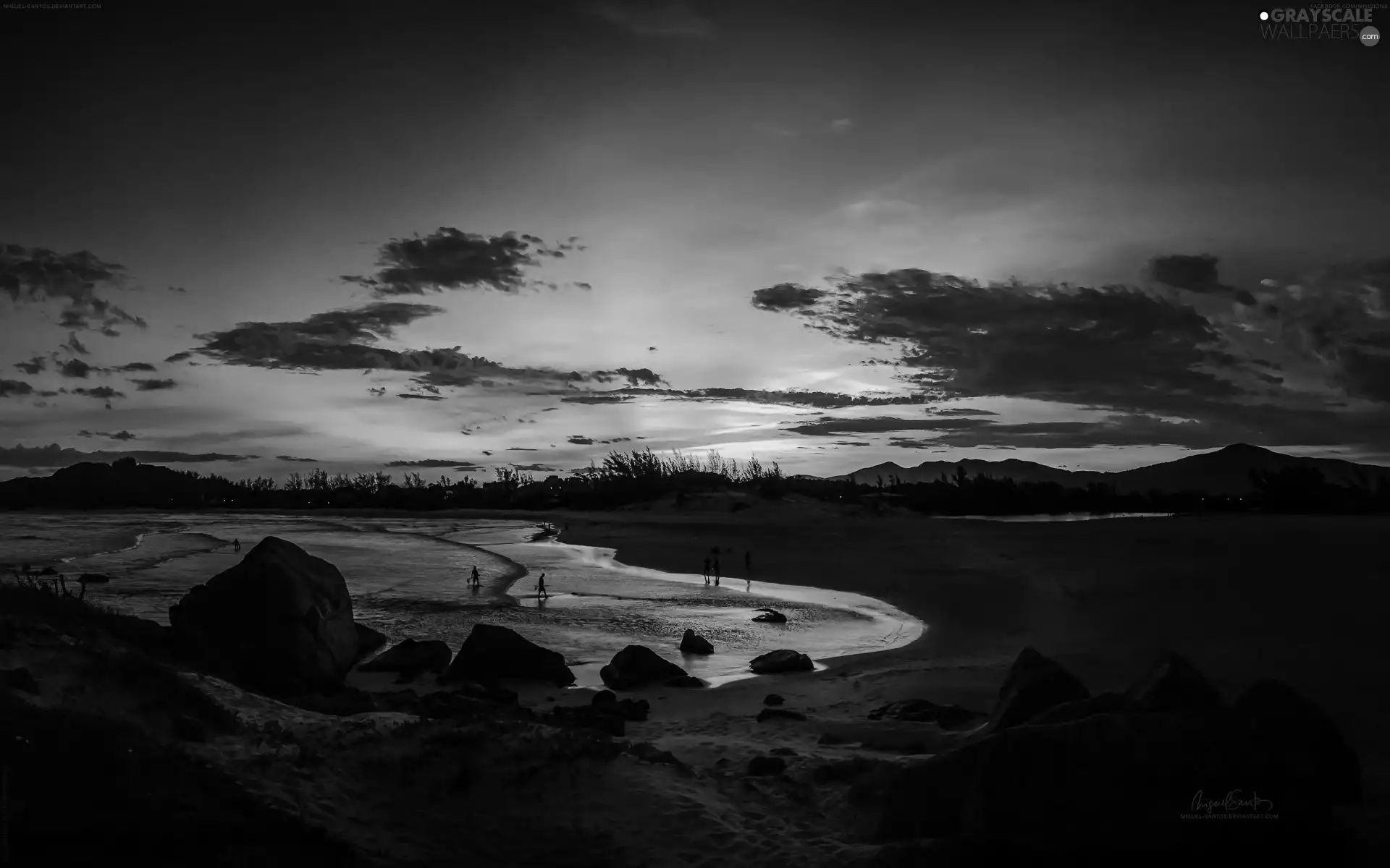 lake, sun, clouds, west