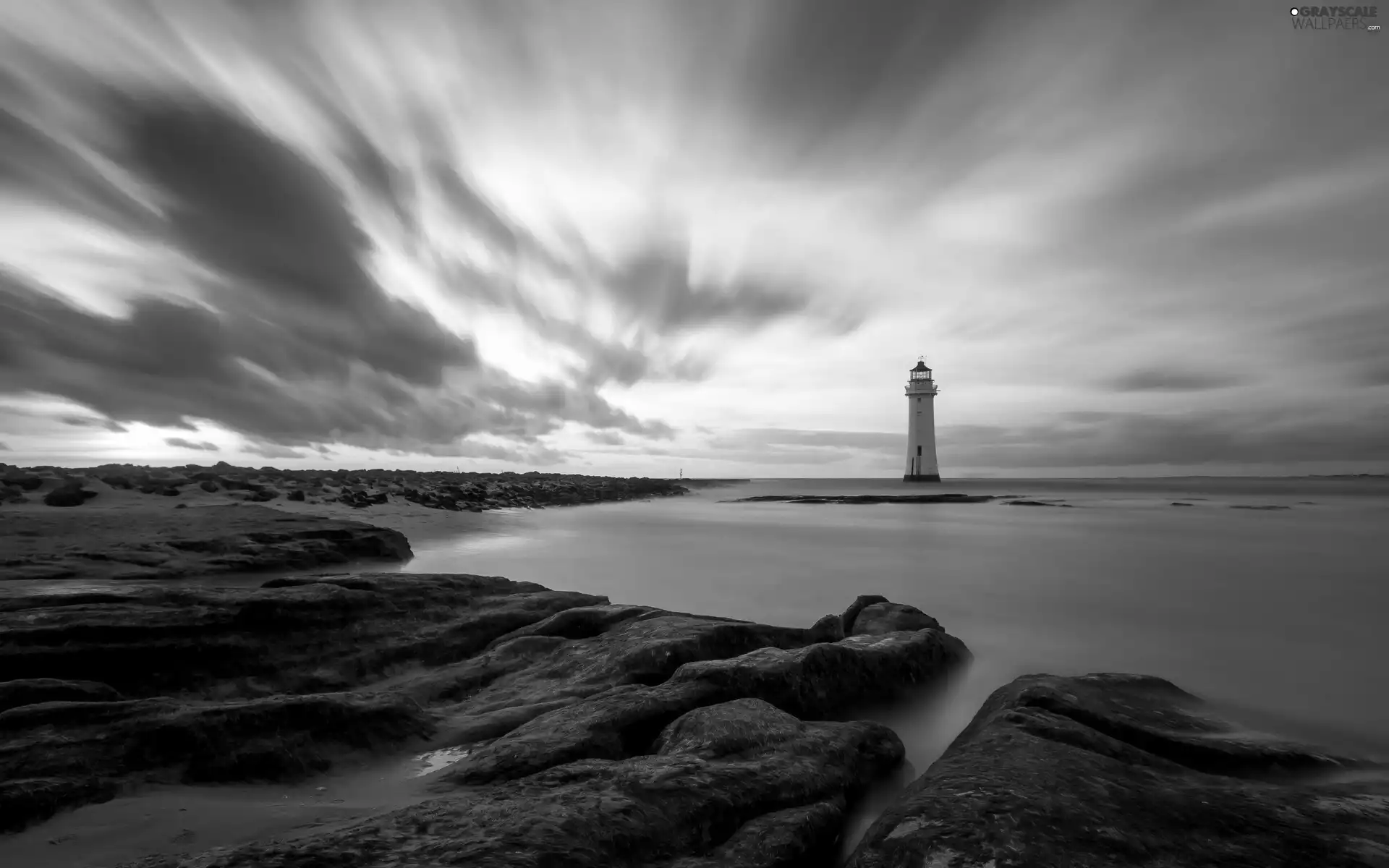 Lighthouses, rocks, clouds, sea
