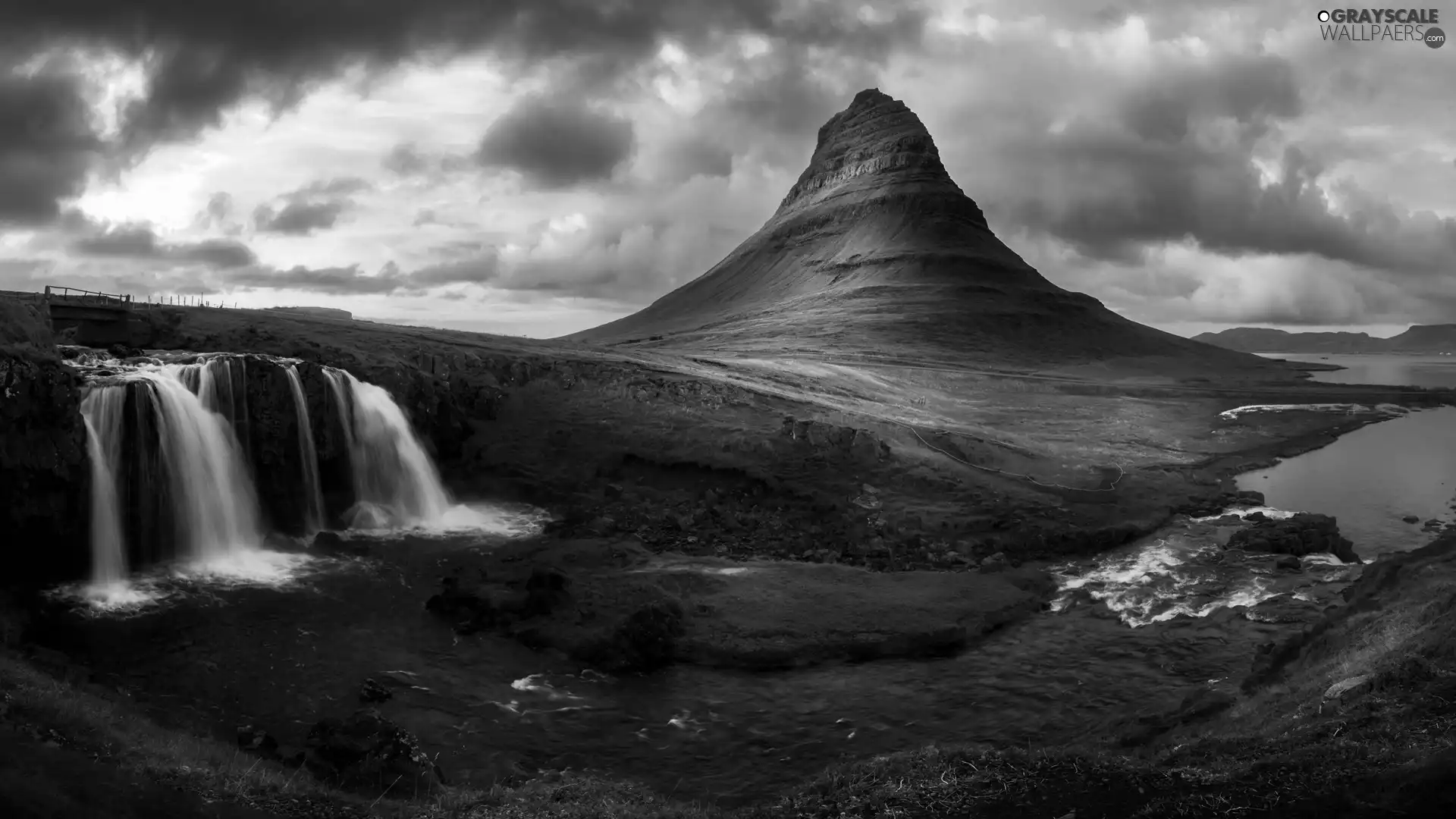 iceland, Kirkjufellsfoss Waterfall, clouds, Kirkjufell Mountain