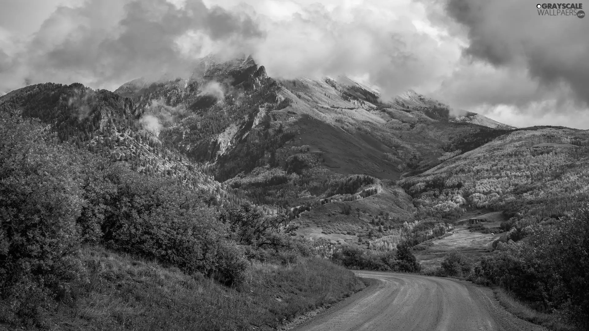 Bush, clouds, Mountains, Way, autumn
