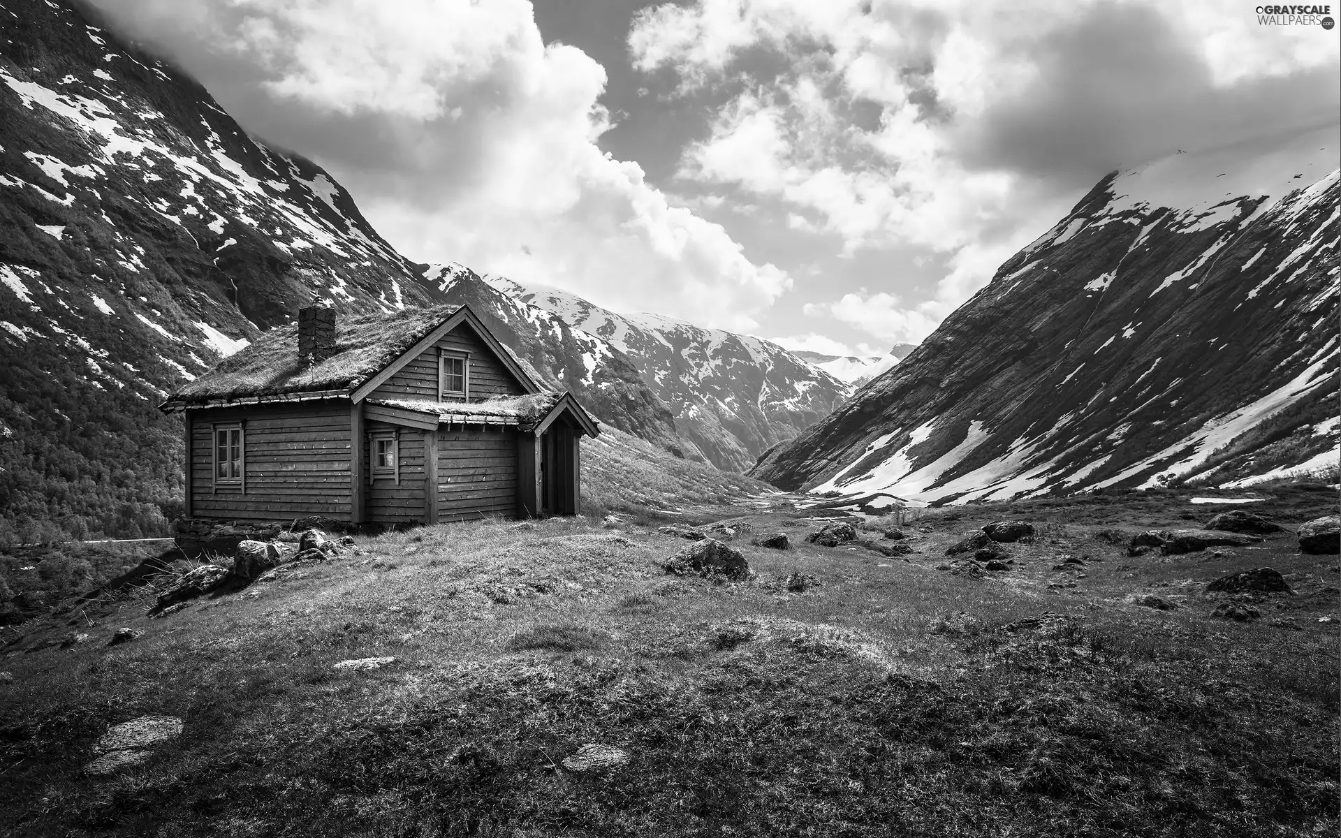 Mountains, house, clouds, Valley