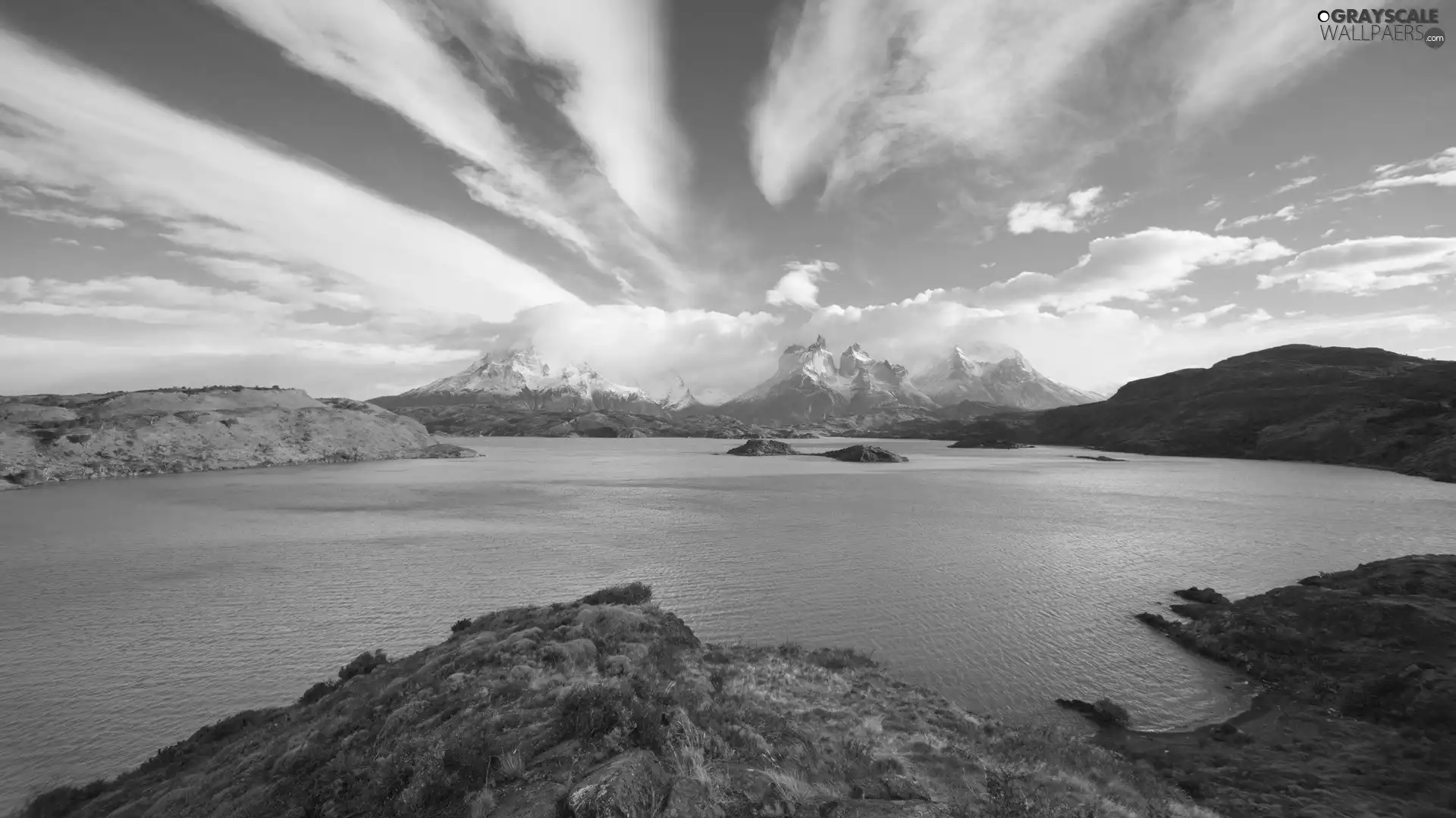 clouds, lake, Mountains