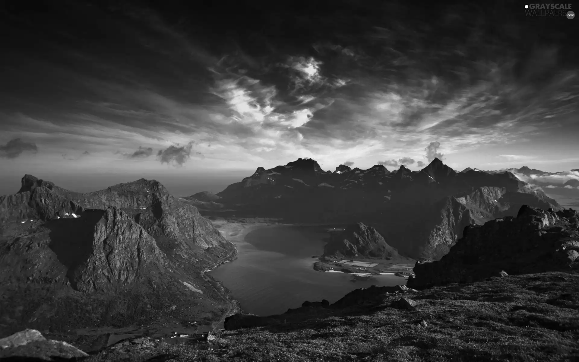 clouds, lake, Mountains