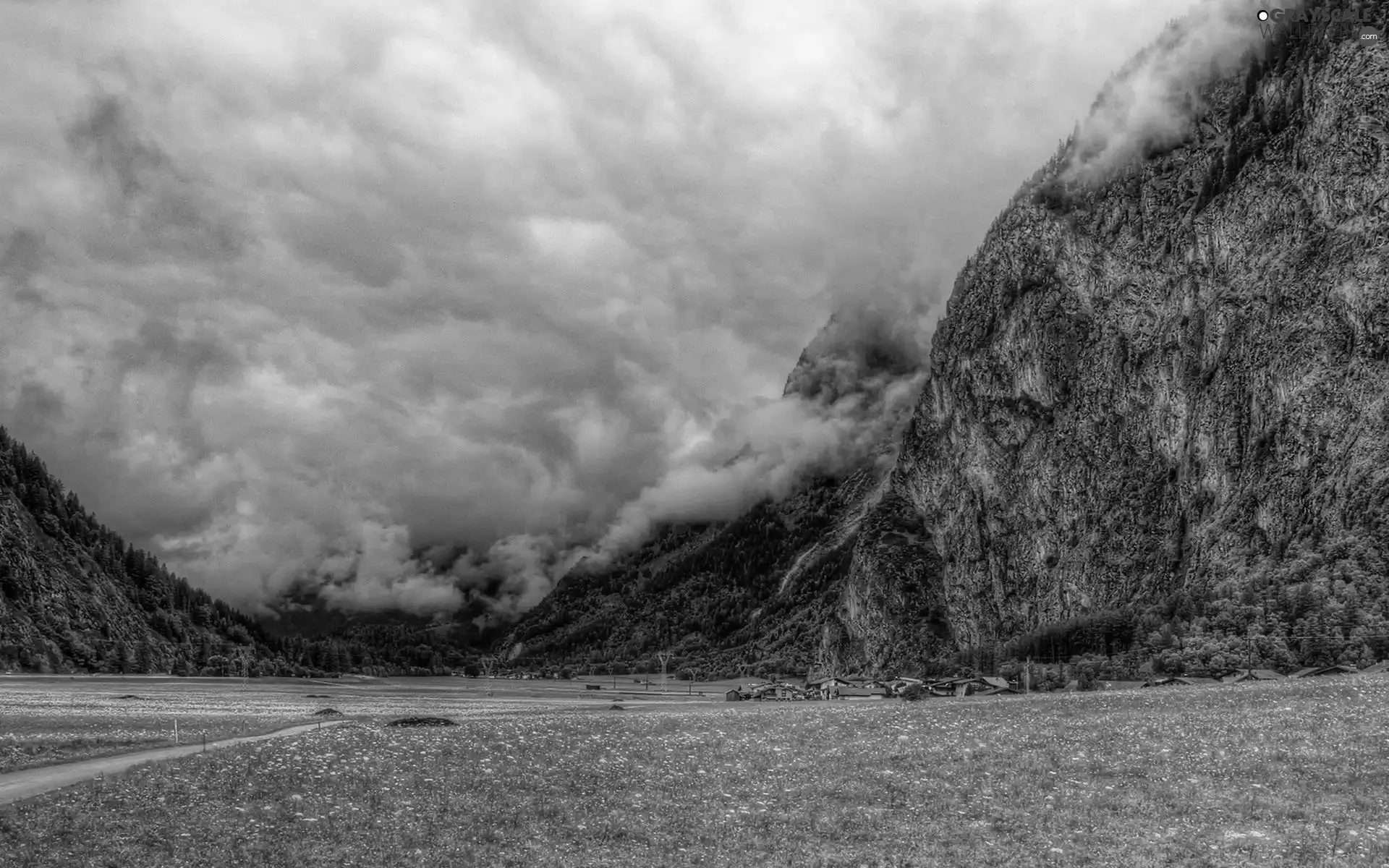 clouds, Meadow, Mountains