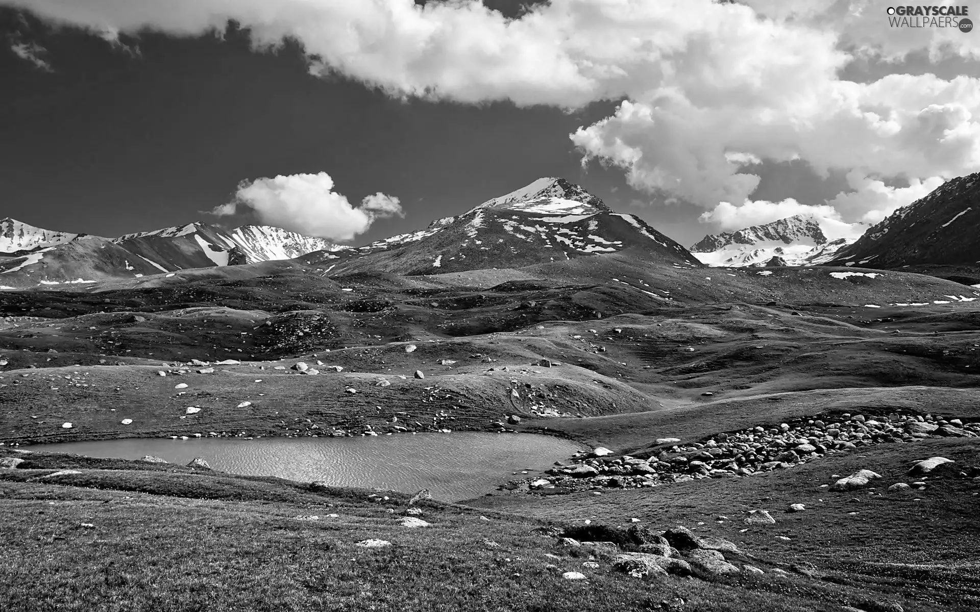 Mountains, medows, clouds, lake