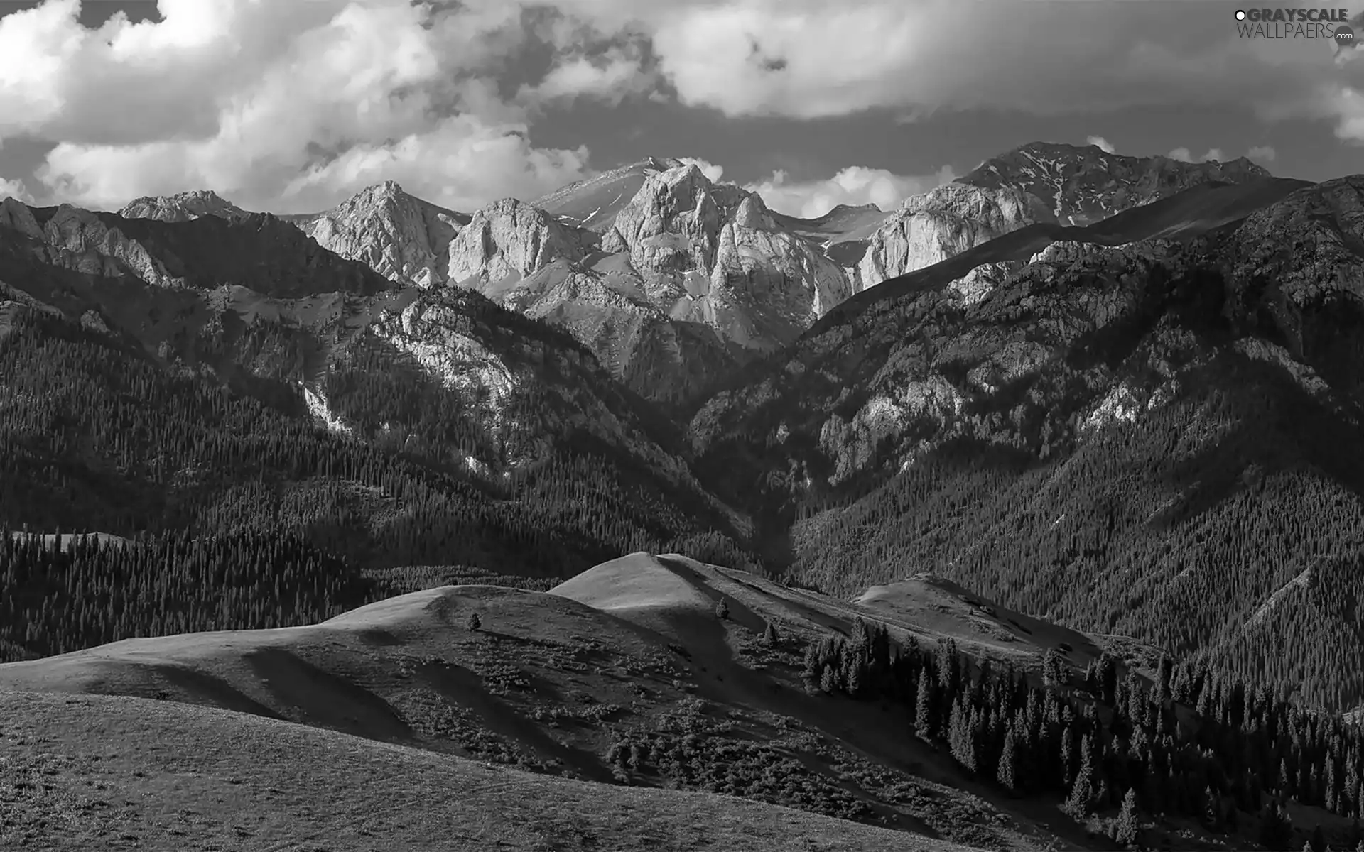 Mountains, medows, clouds, woods