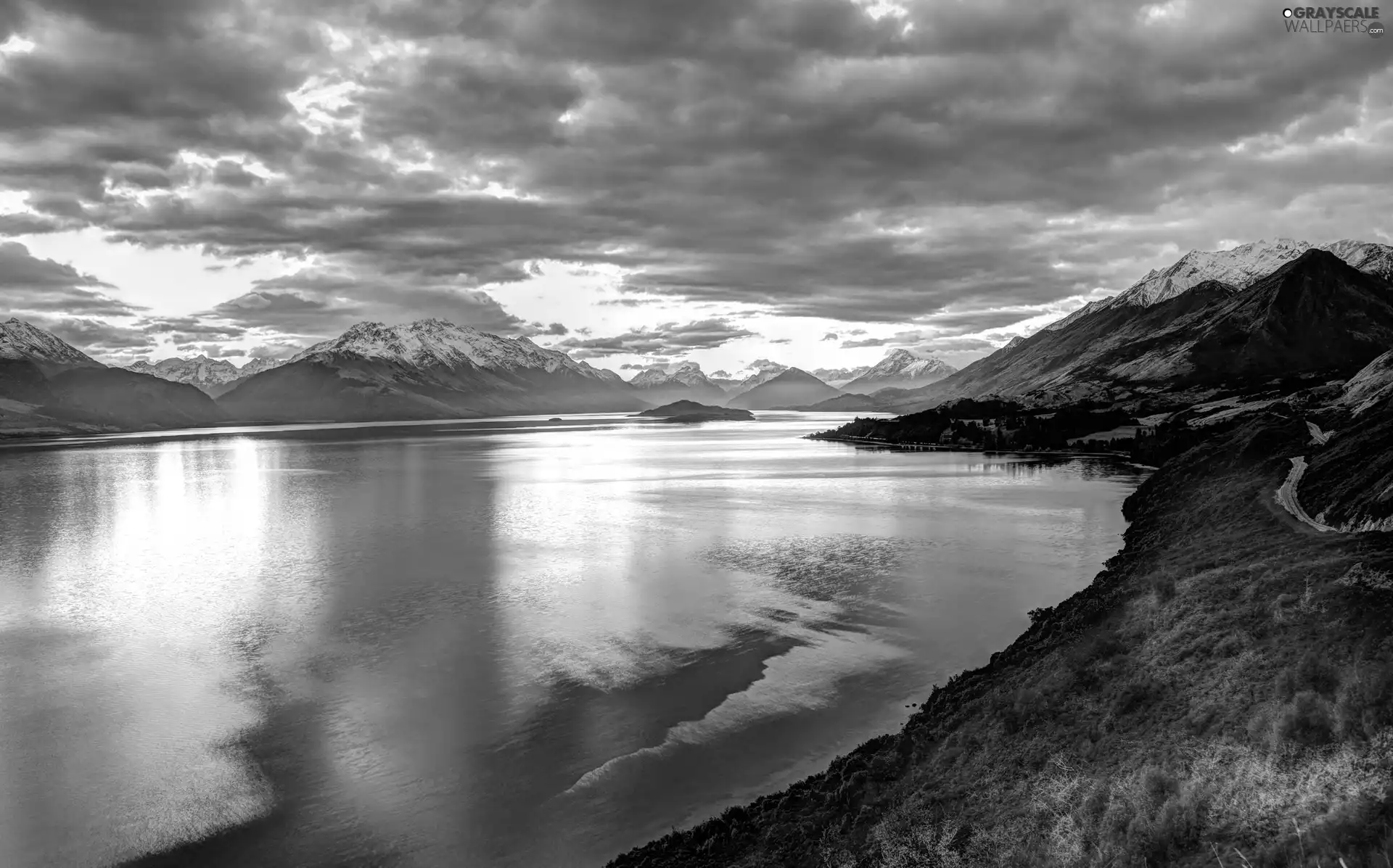 clouds, River, Mountains