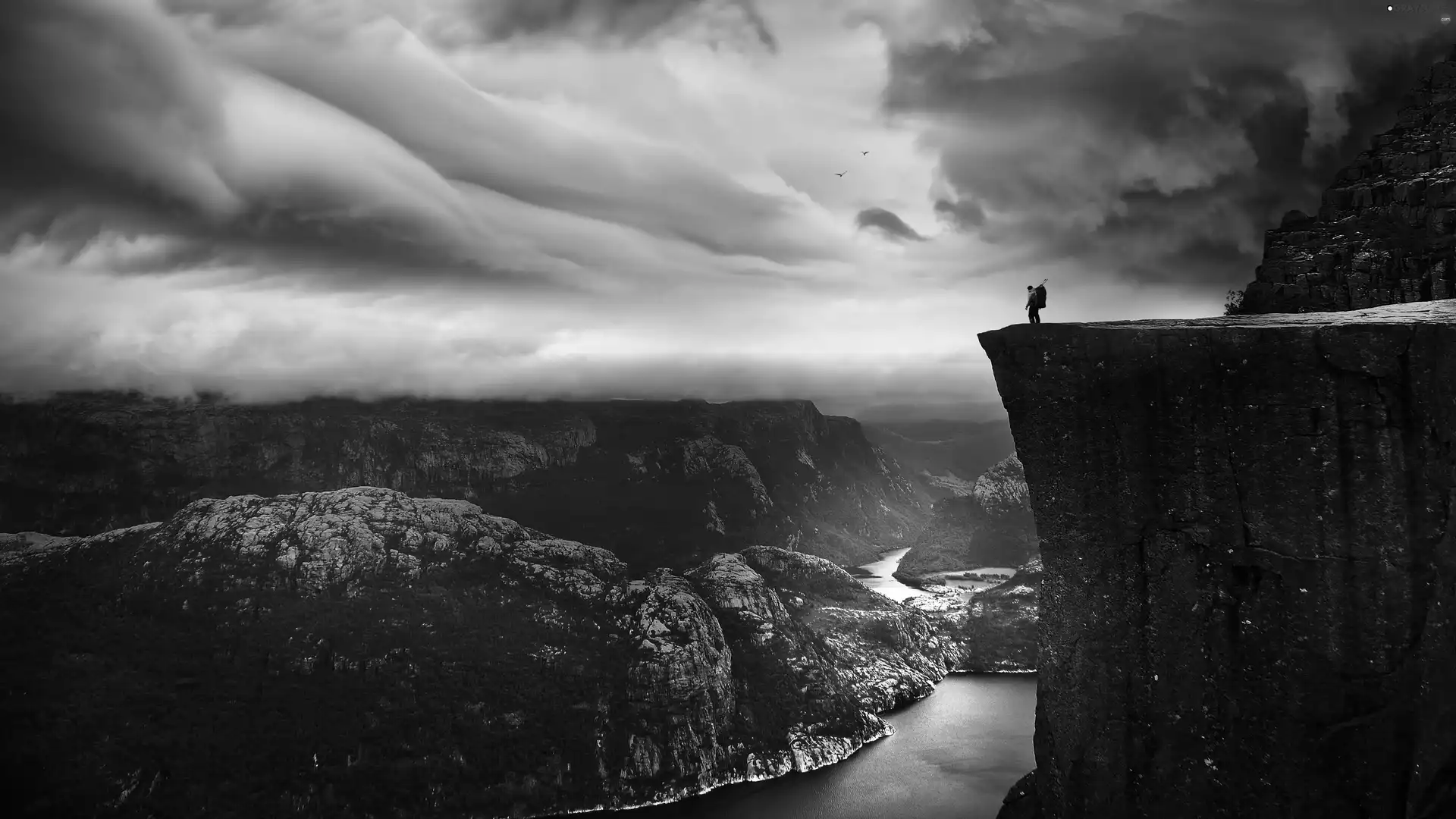 Mountains, River, clouds, cliff