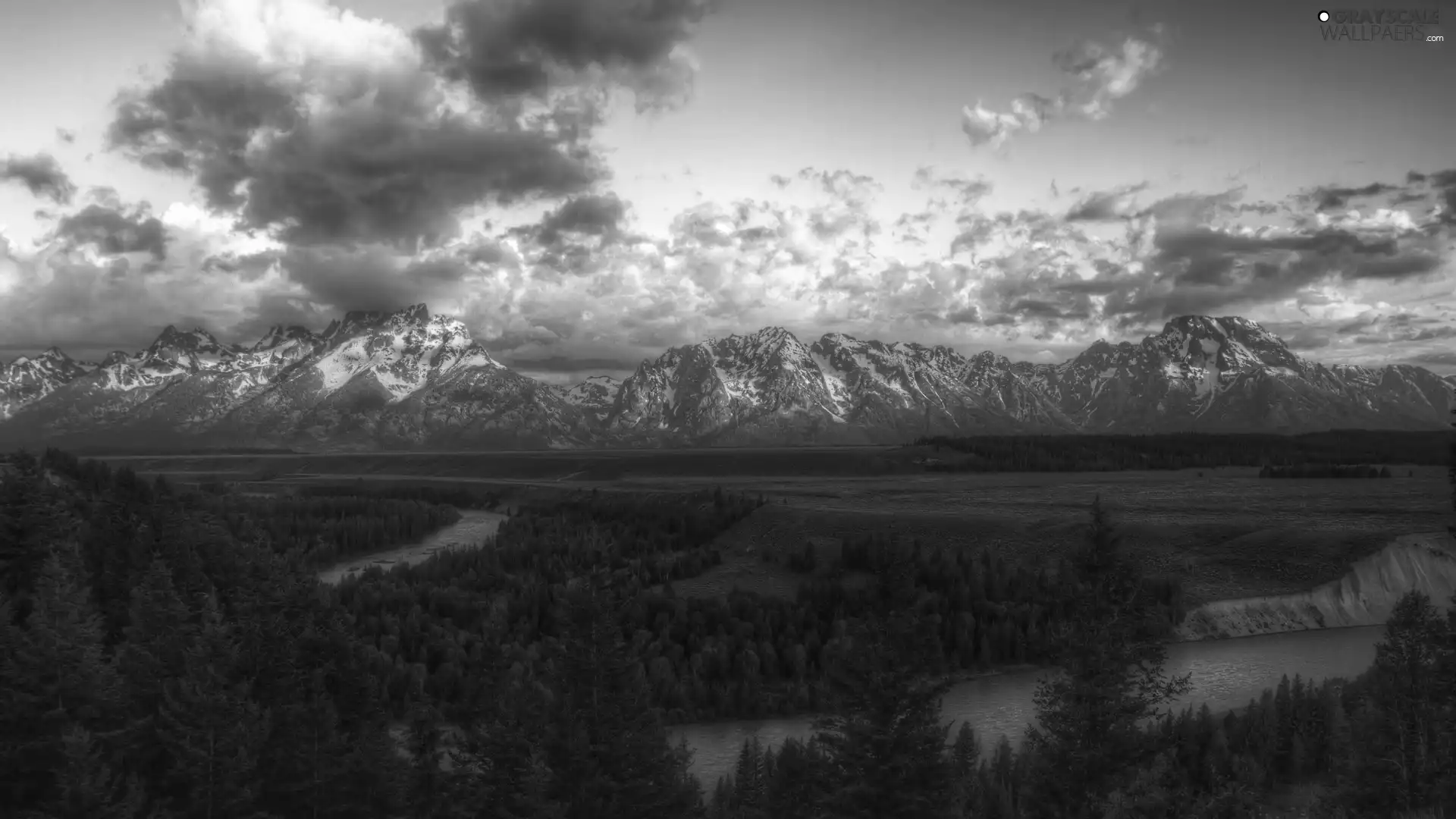 Mountains, River, clouds, forest