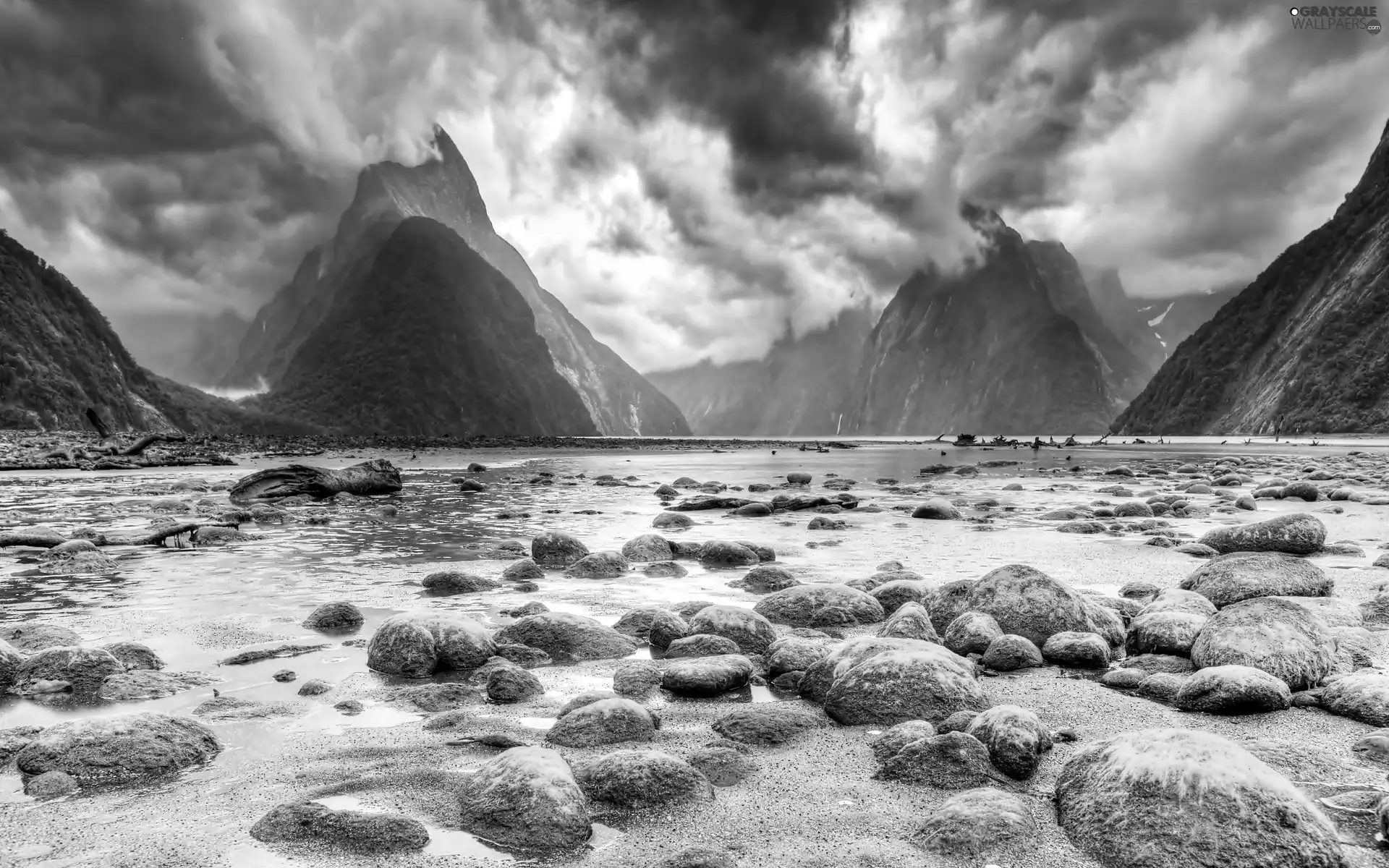 Mountains, rocks, clouds, sea