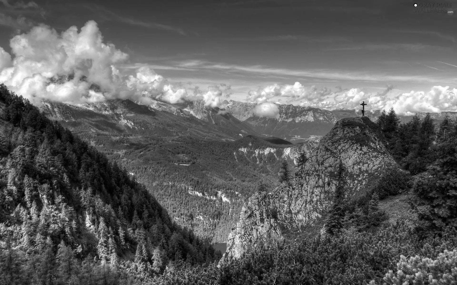 Mountains, rocks, clouds, woods