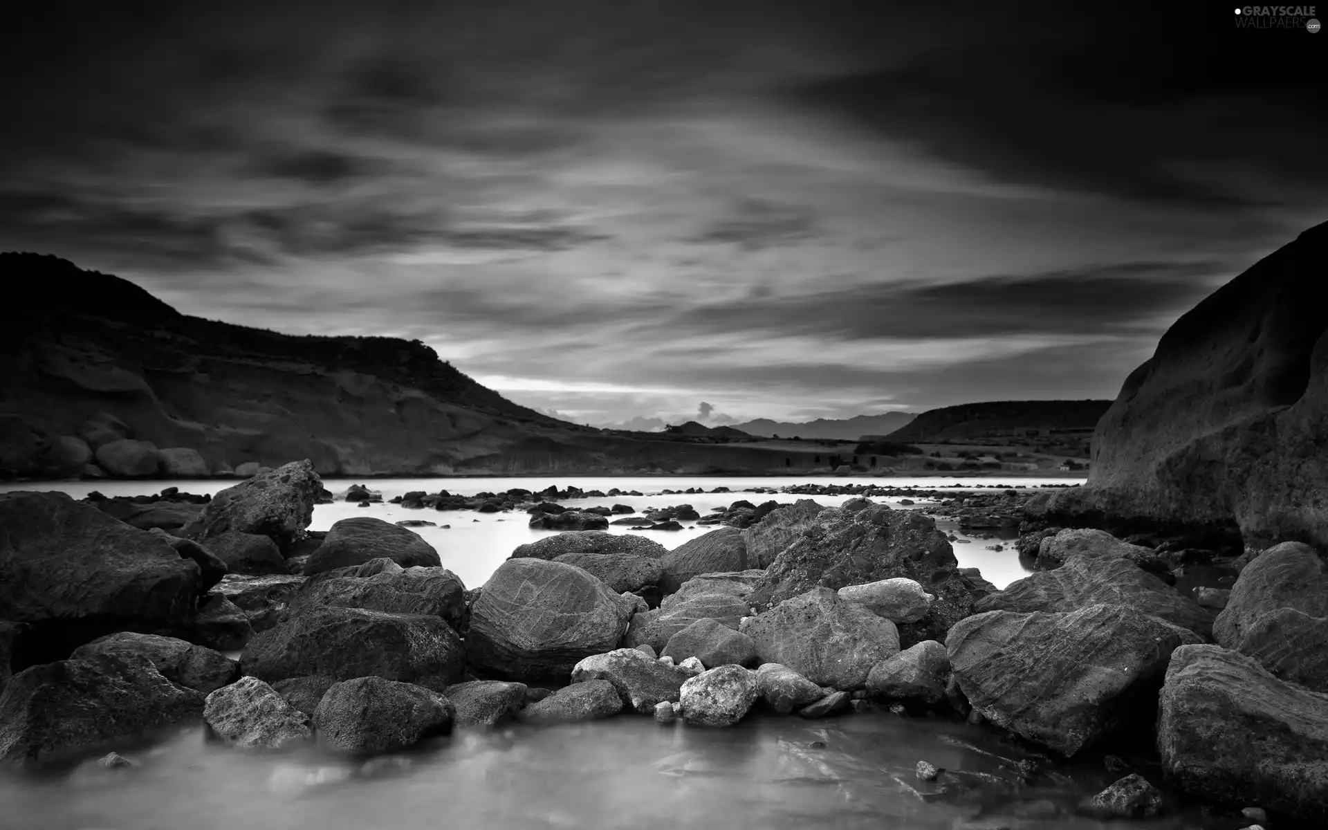 Mountains, Stones, clouds, River