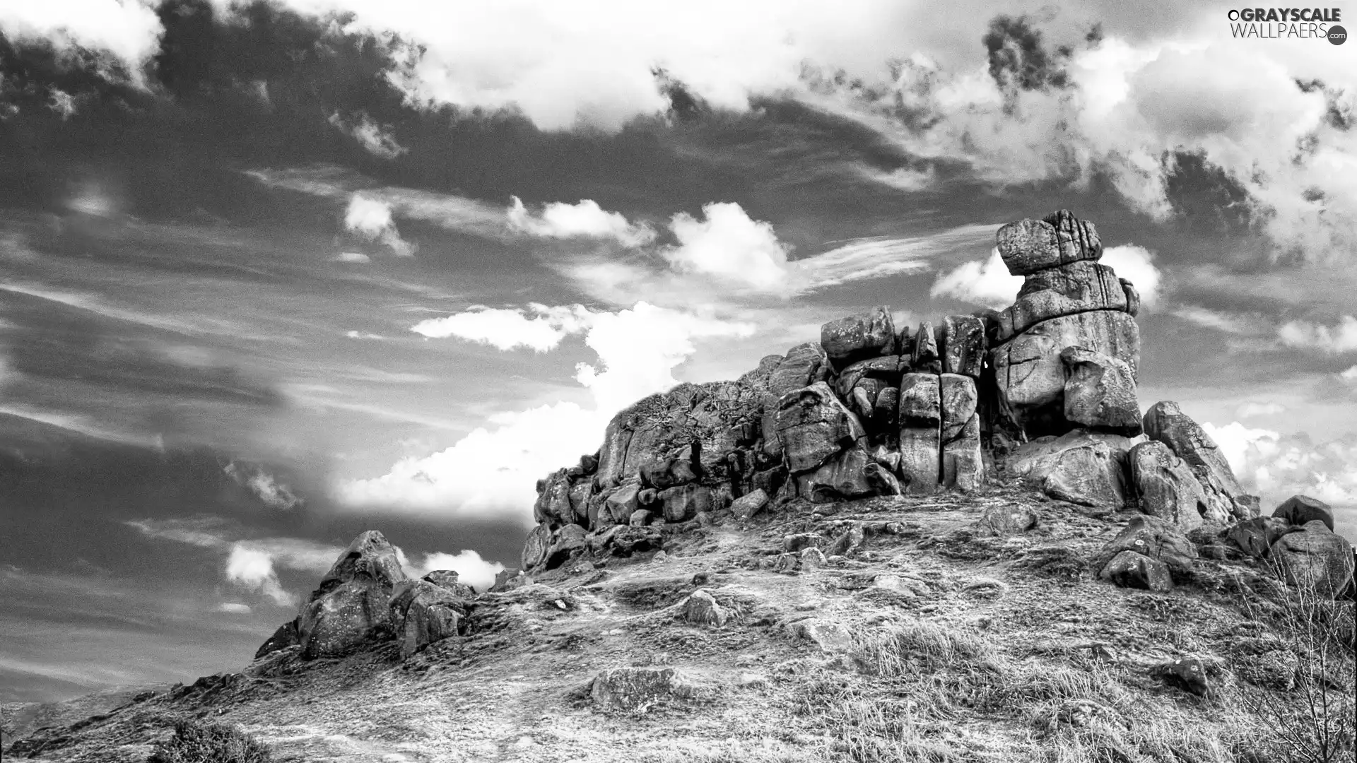 clouds, Stones, mountains