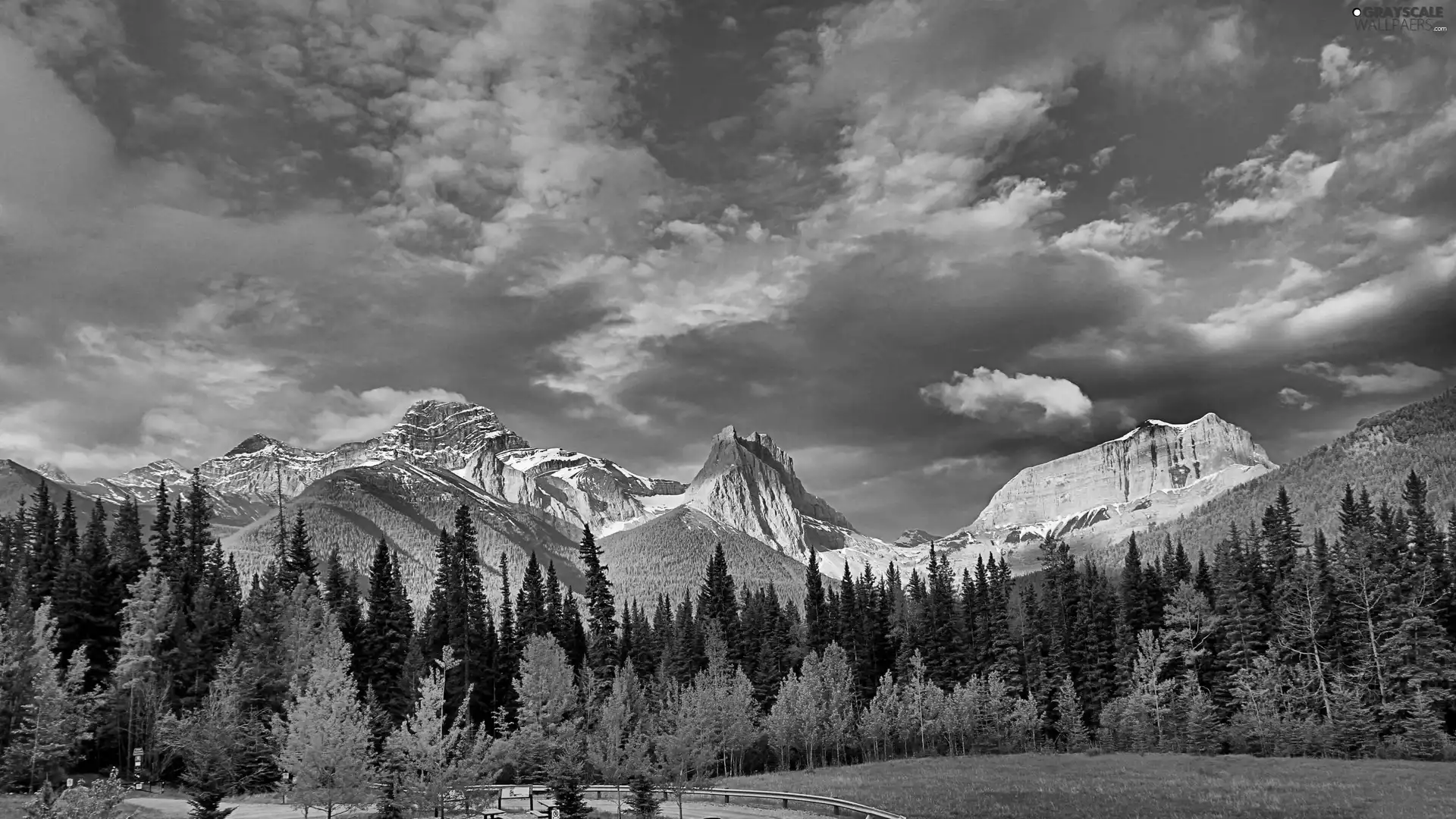 Mountains, Way, clouds, woods