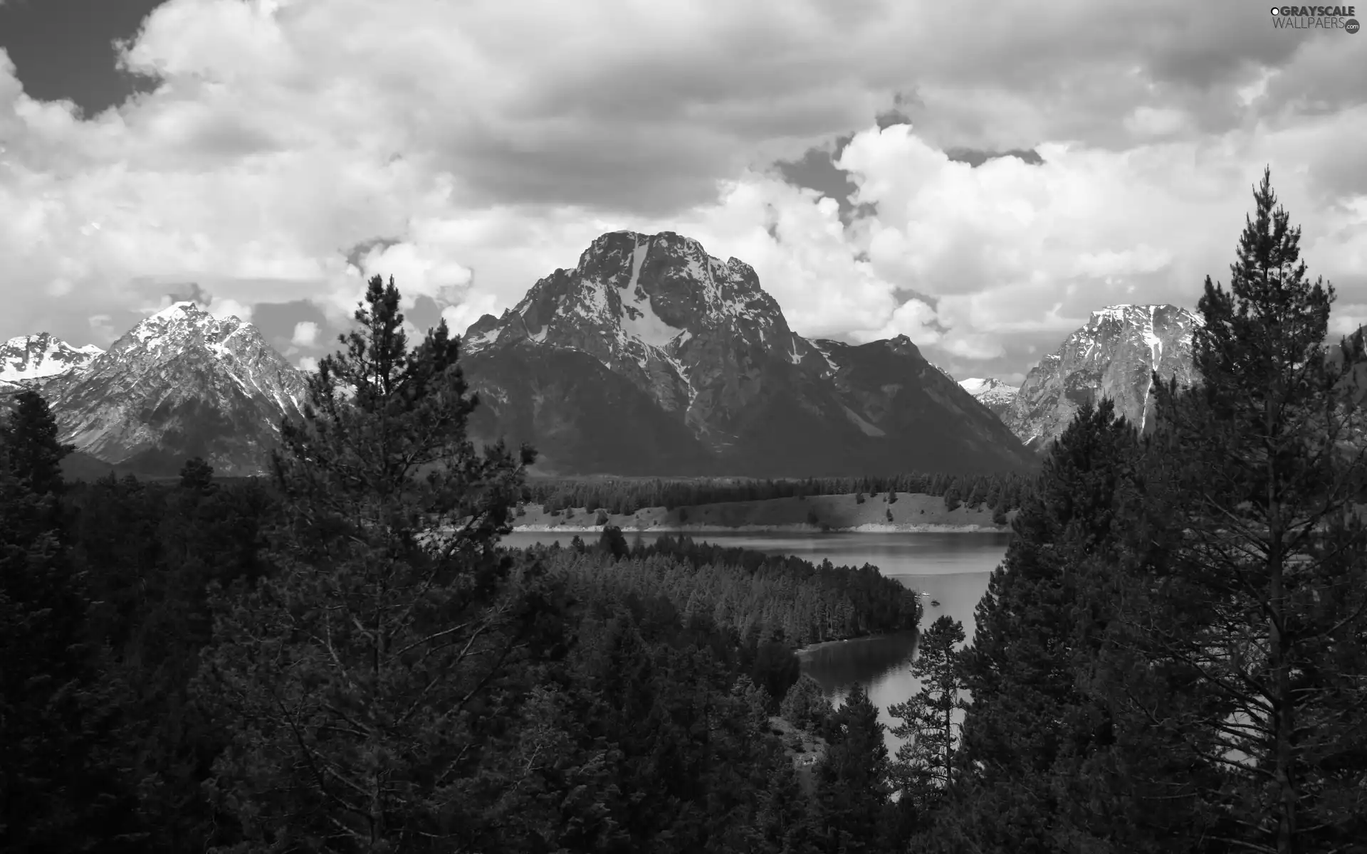 Mountains, woods, clouds, River