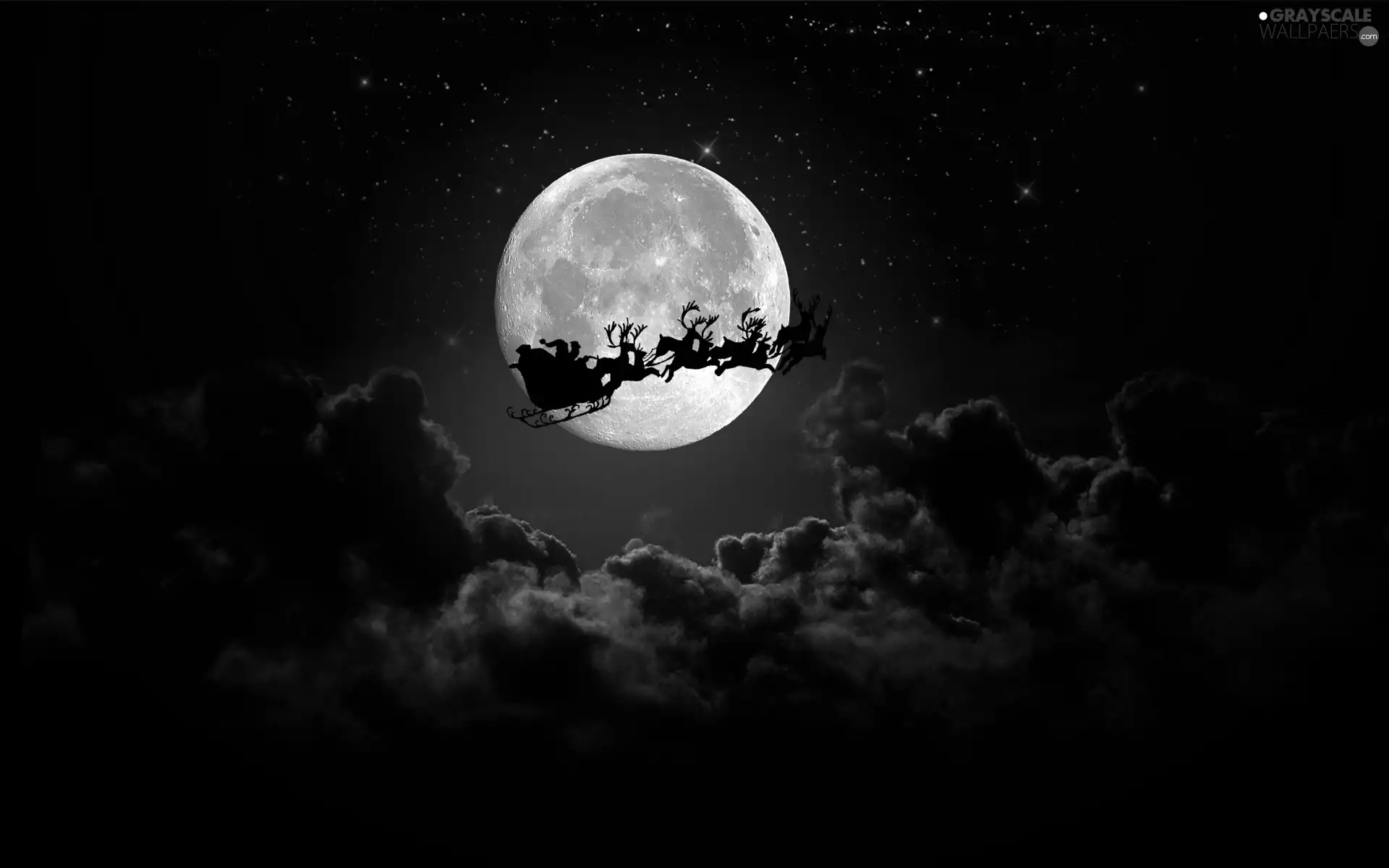 reindeer, sleigh, clouds, Night, moon, Santa