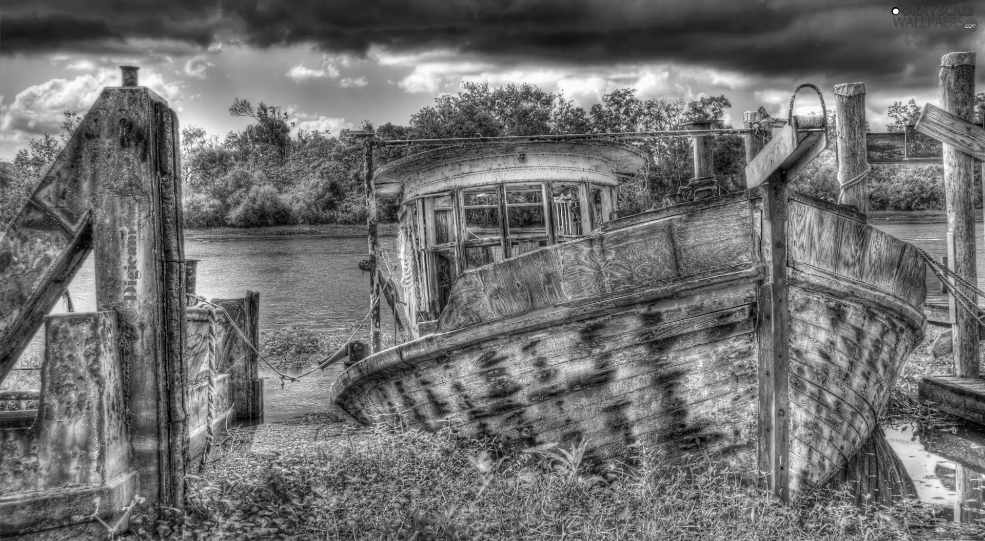 Old, River, clouds, Boat