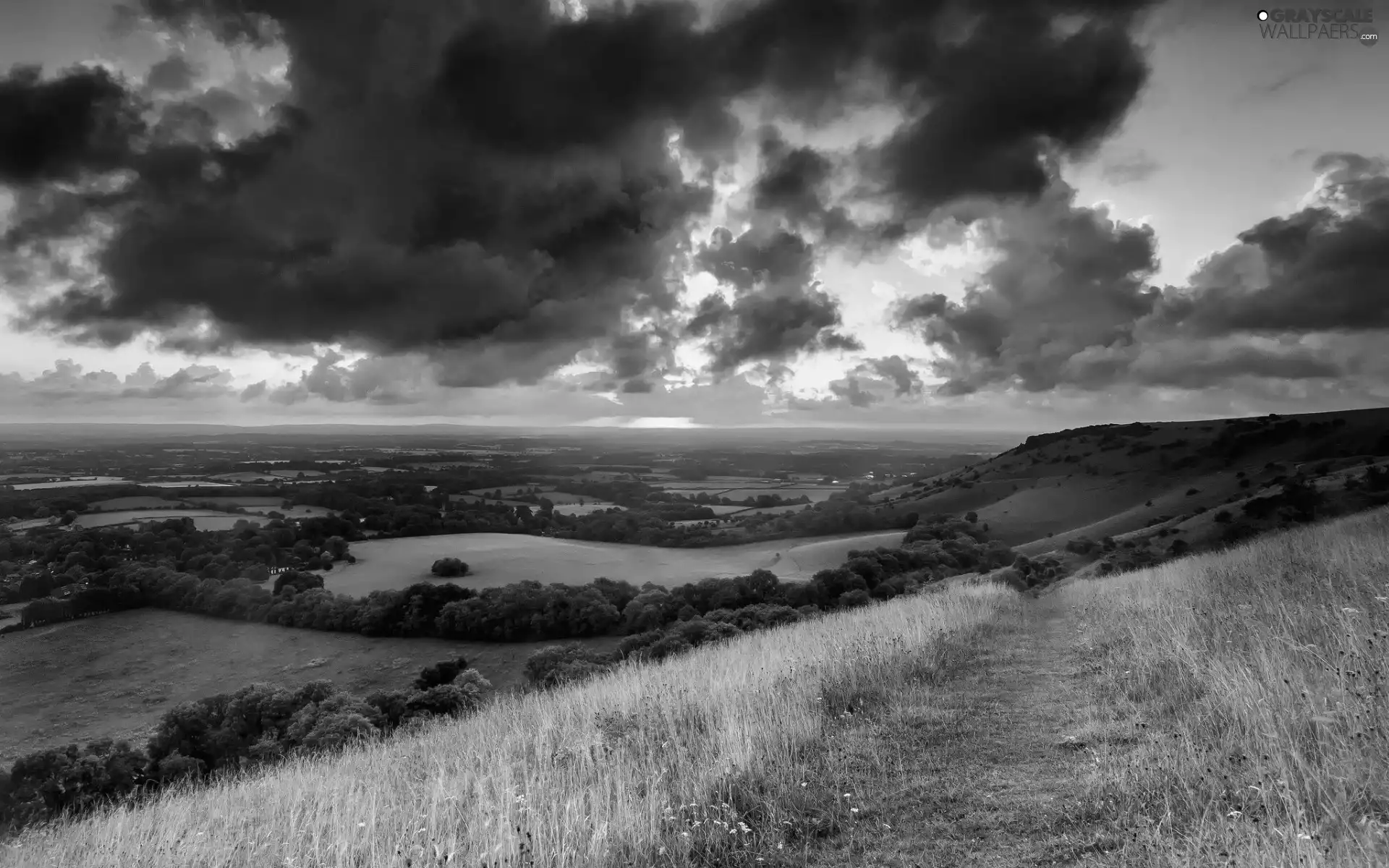 medows, mountains, clouds, panorama, field, Path