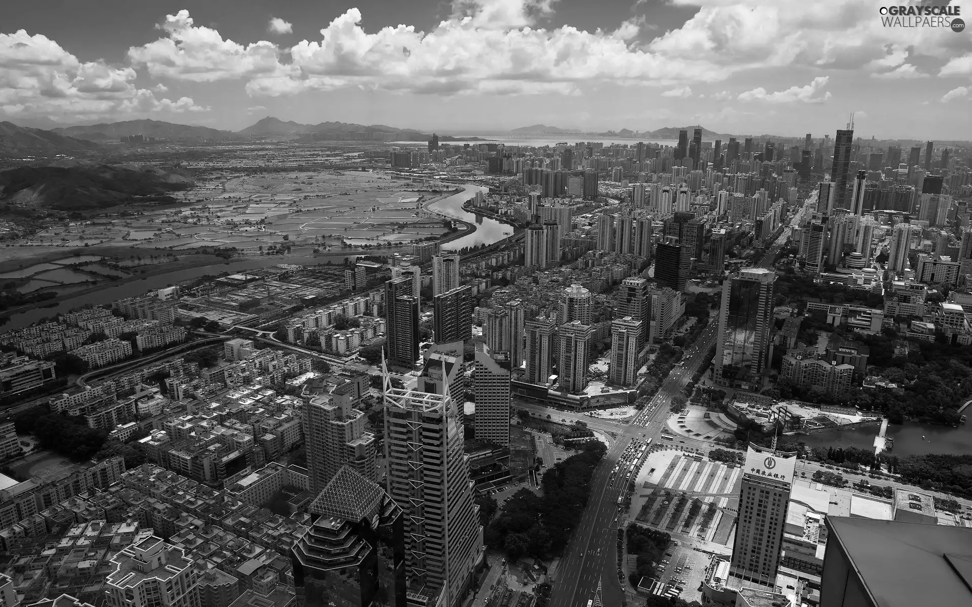 panorama, skyscrapers, clouds, town