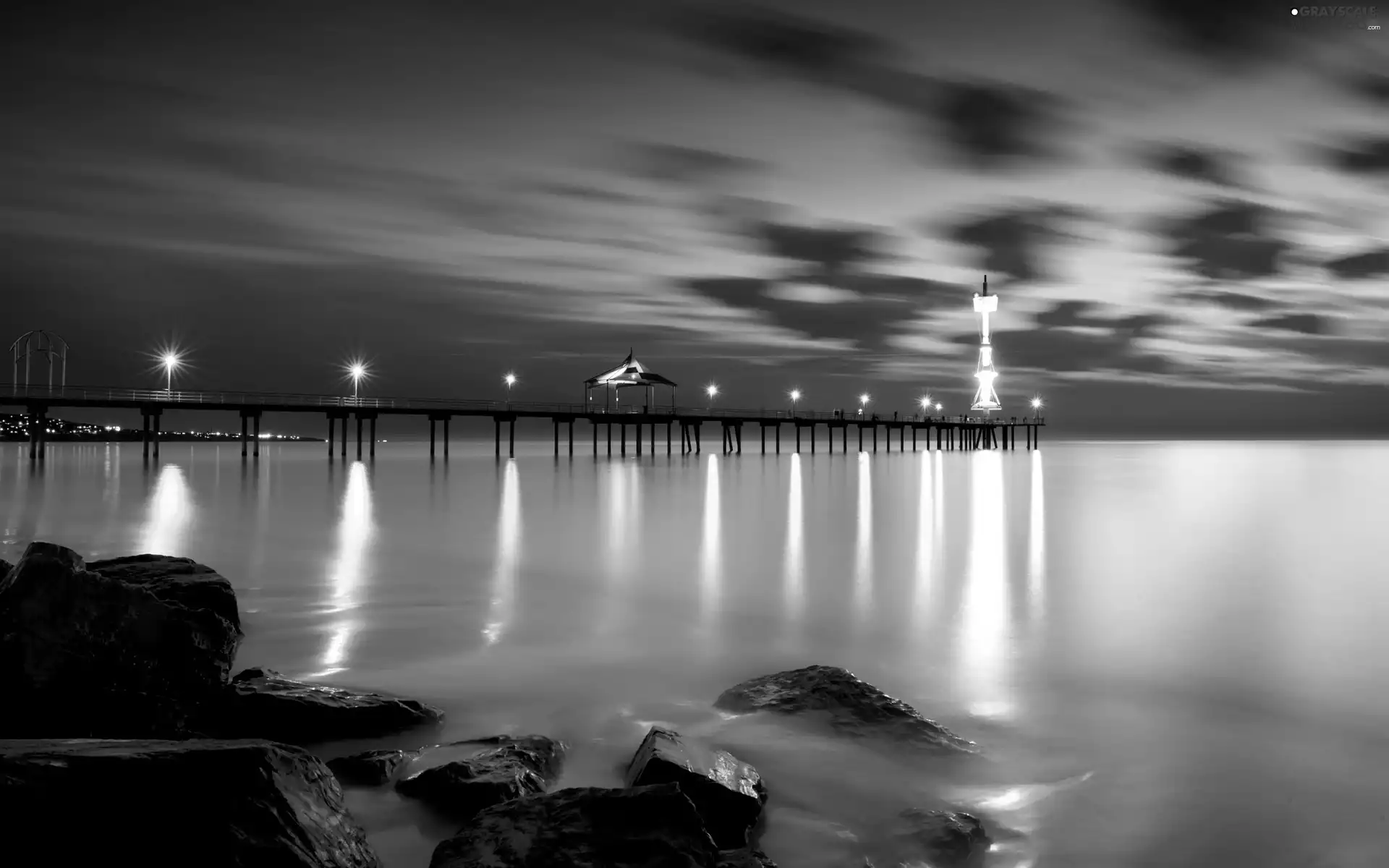 pier, rocks, clouds, sea