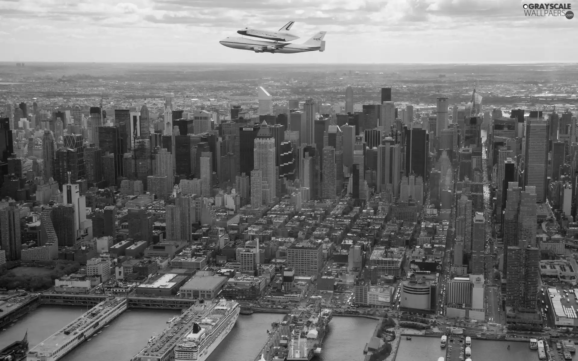 clouds, plane, town, skyscrapers, panorama