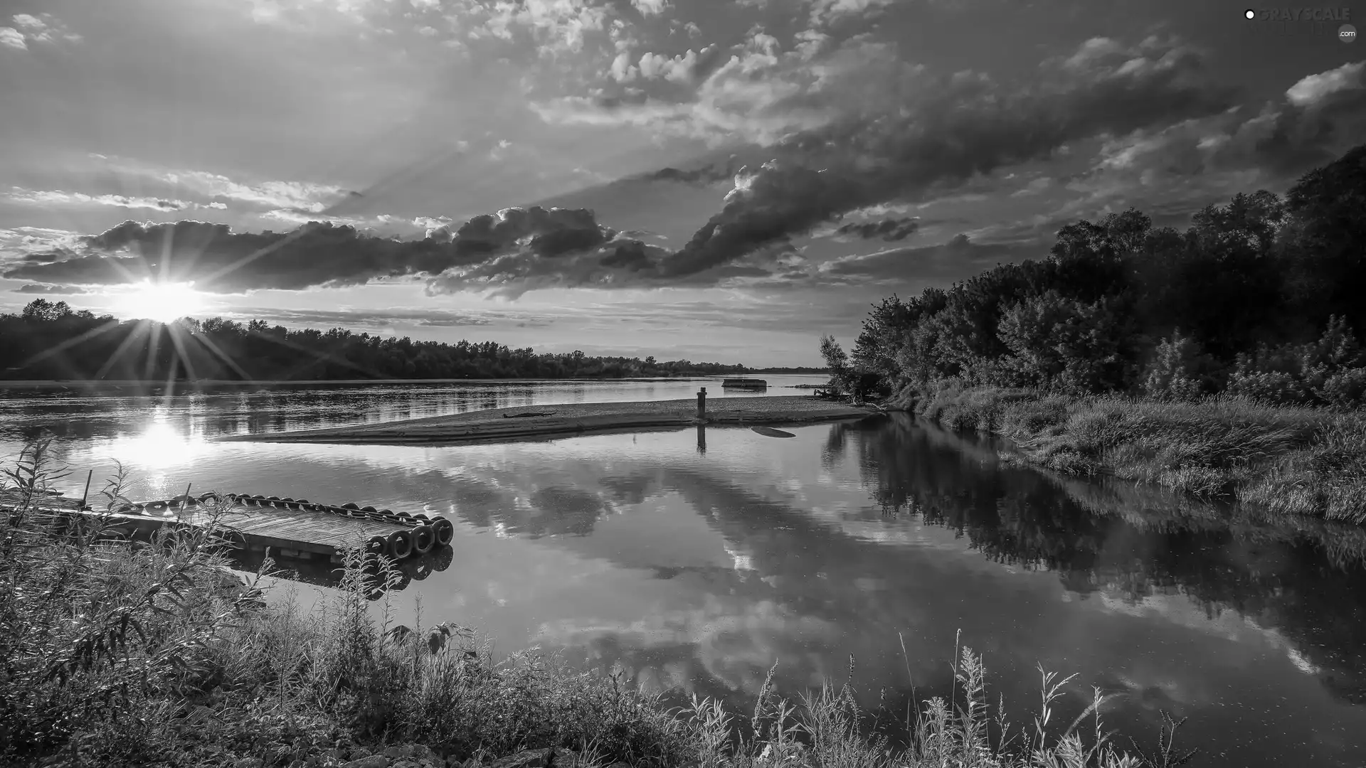 trees, rays of the Sun, Plants, clouds, River, viewes, Harbour