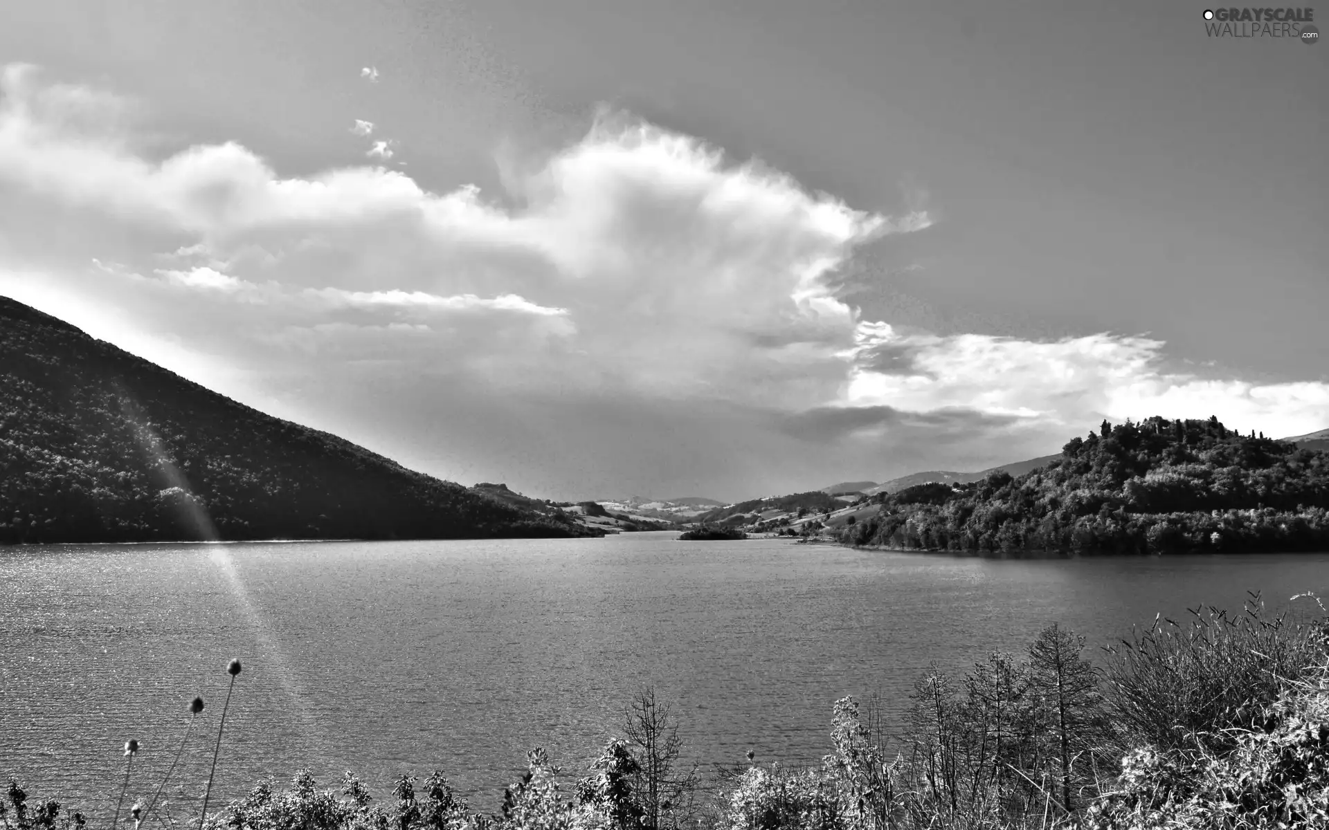 Mountains, River, clouds, rays, woods, Islet