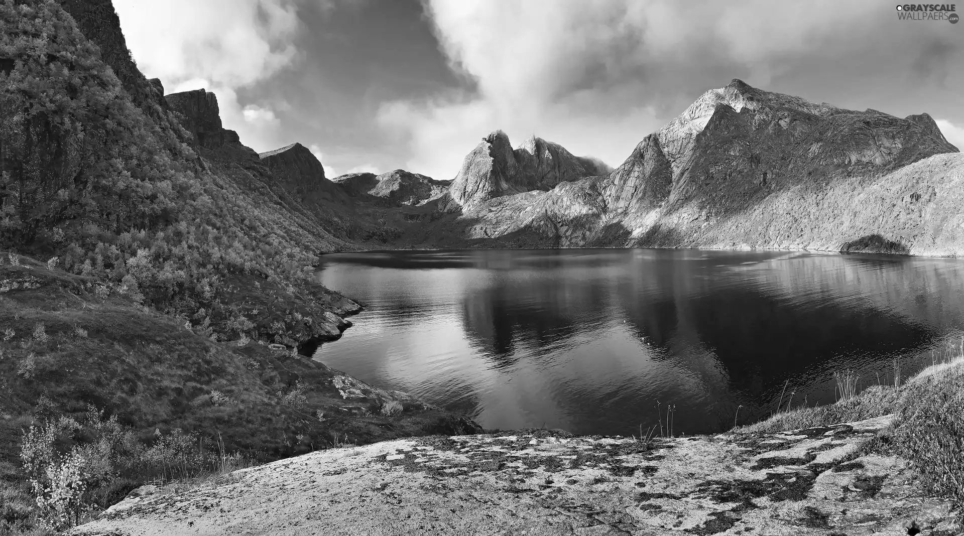 clouds, reflection, lake, rocks, Mountains