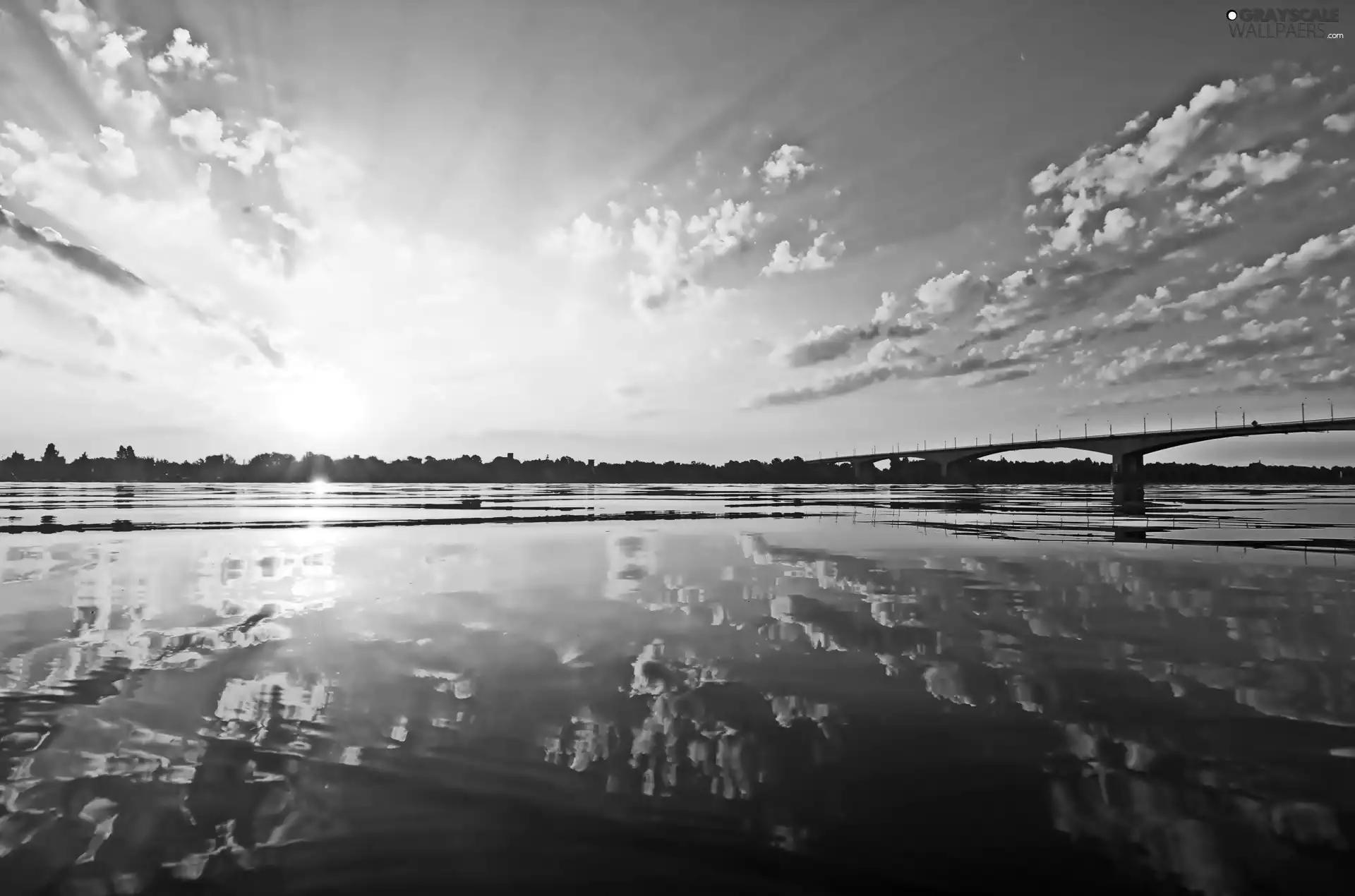 clouds, reflection, River, bridge, Sunrise