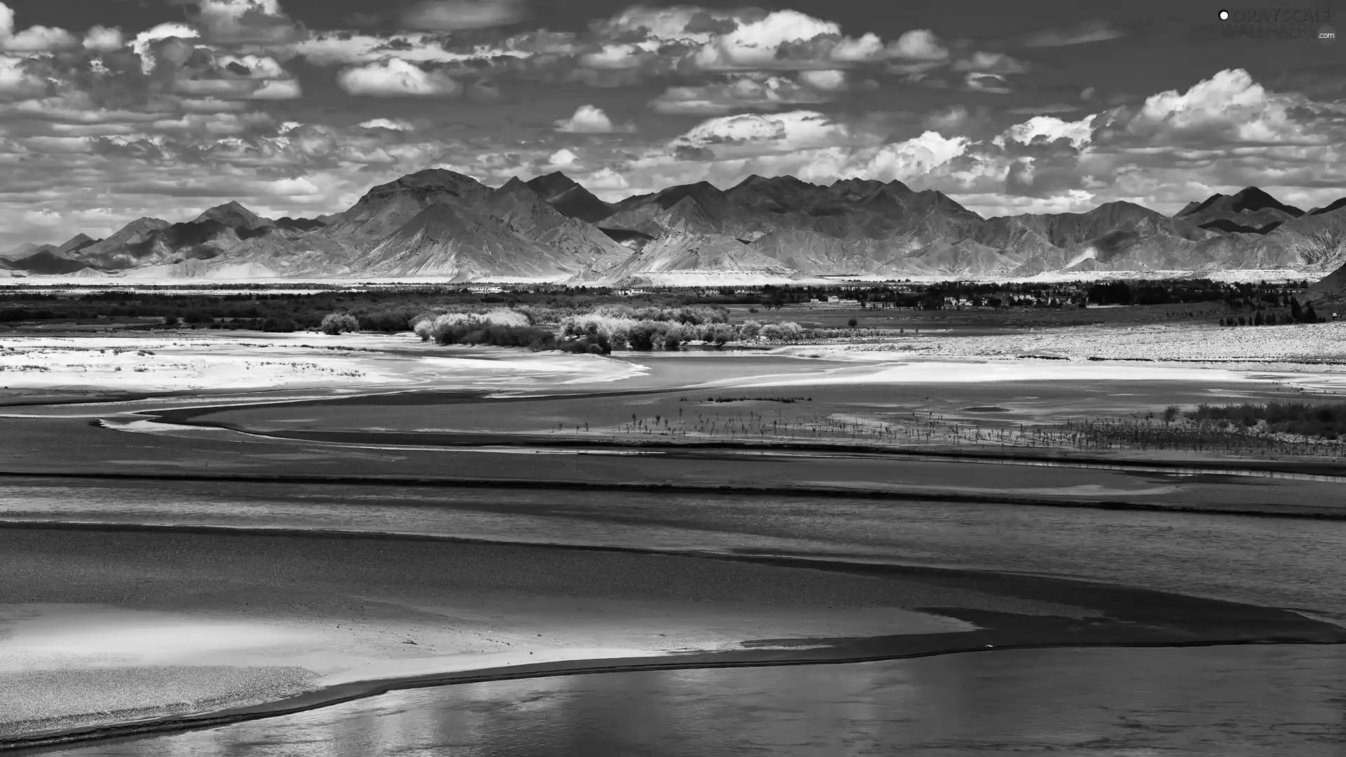 clouds, Mountains, River