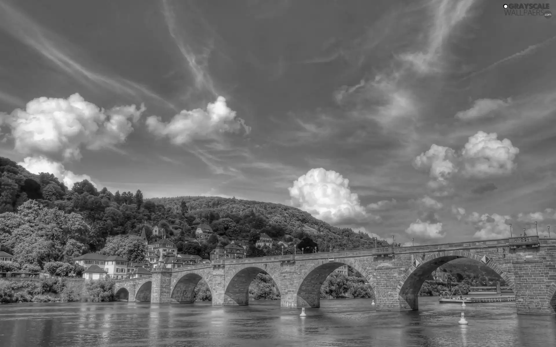 River, Mountains, clouds, bridge