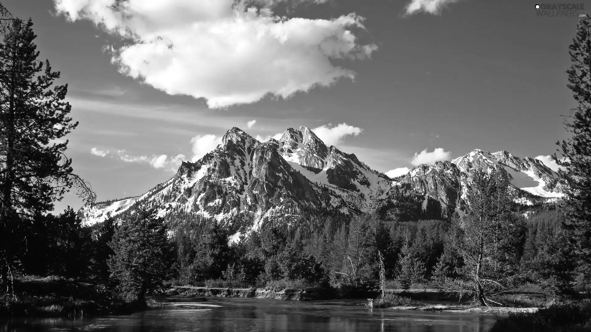 River, woods, clouds, Mountains