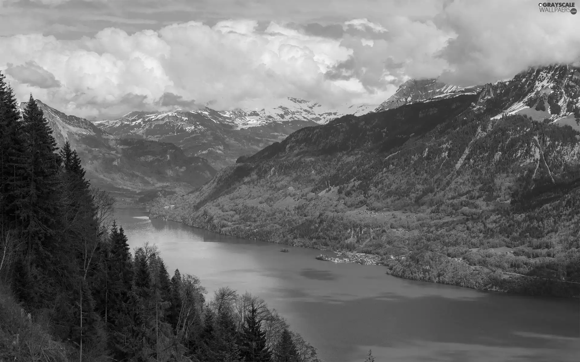 River, woods, clouds, Mountains