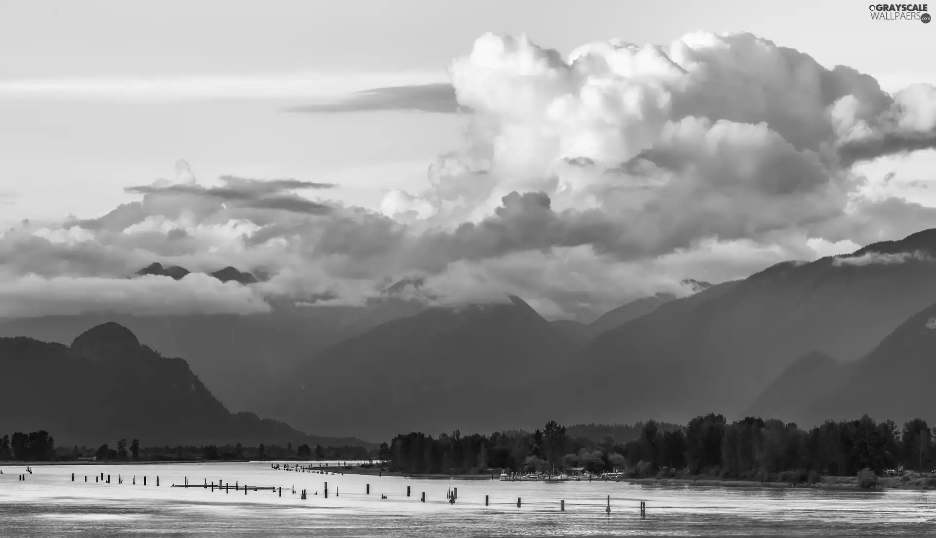 River, woods, clouds, Mountains