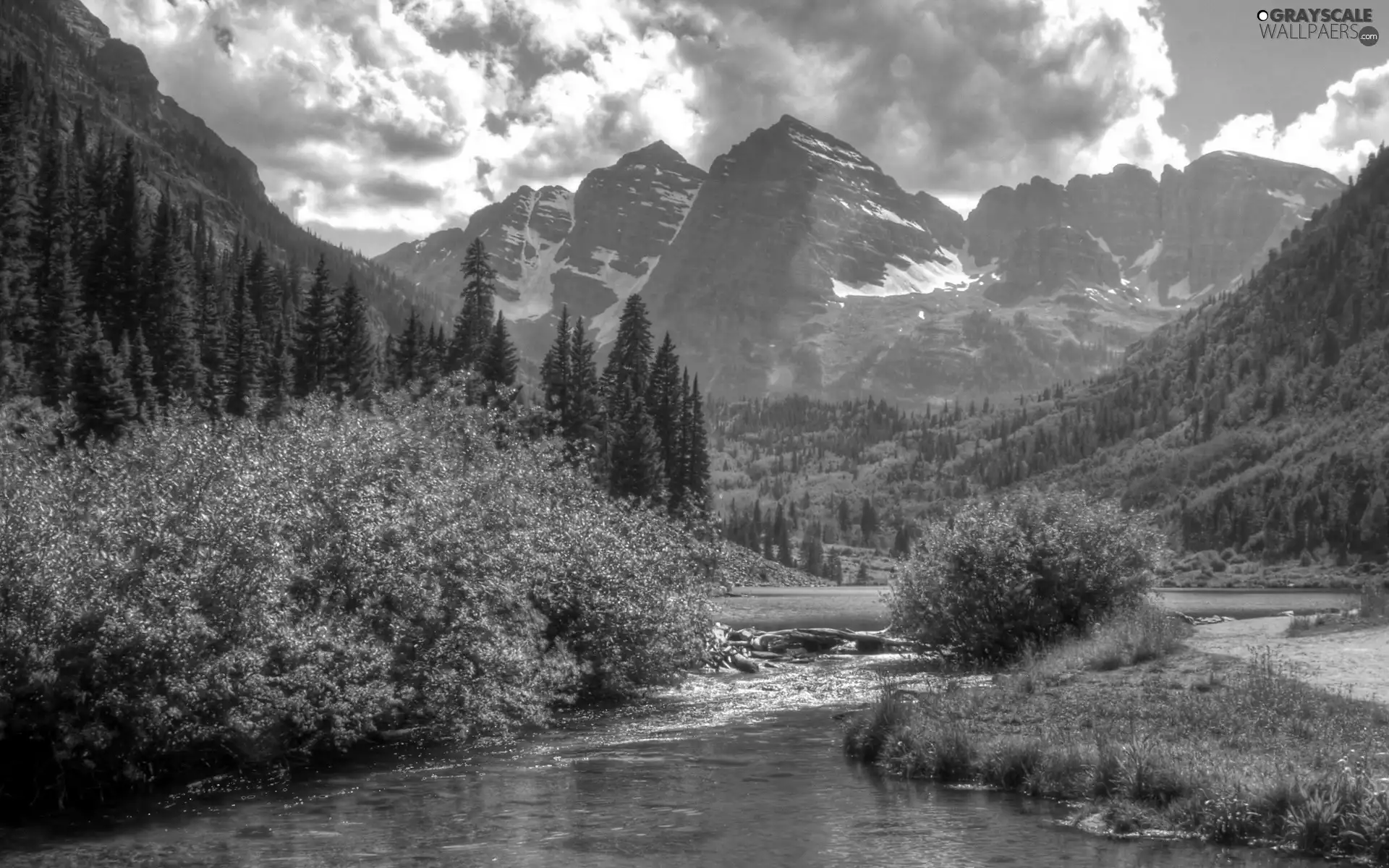 River, woods, clouds, Mountains
