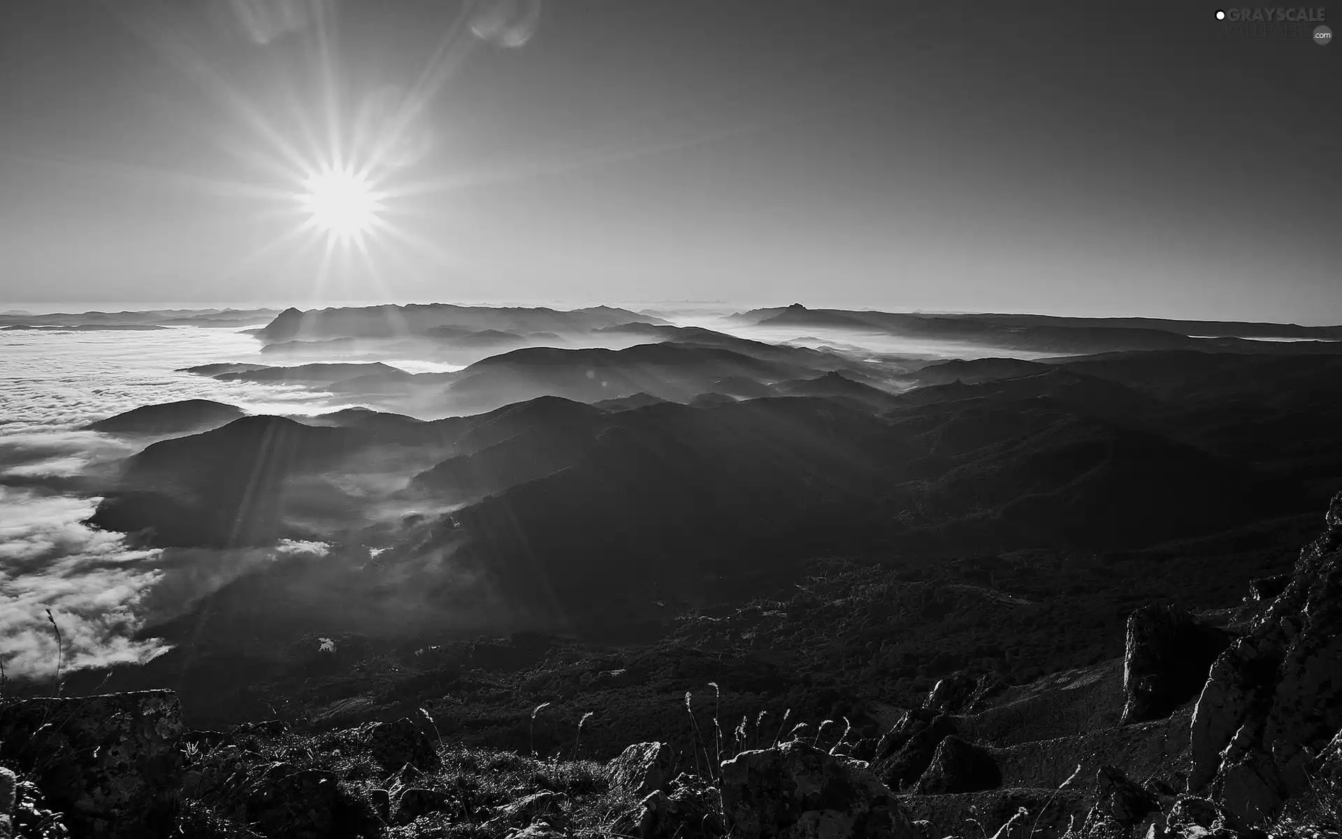 clouds, rocks, sun, Mountains, east